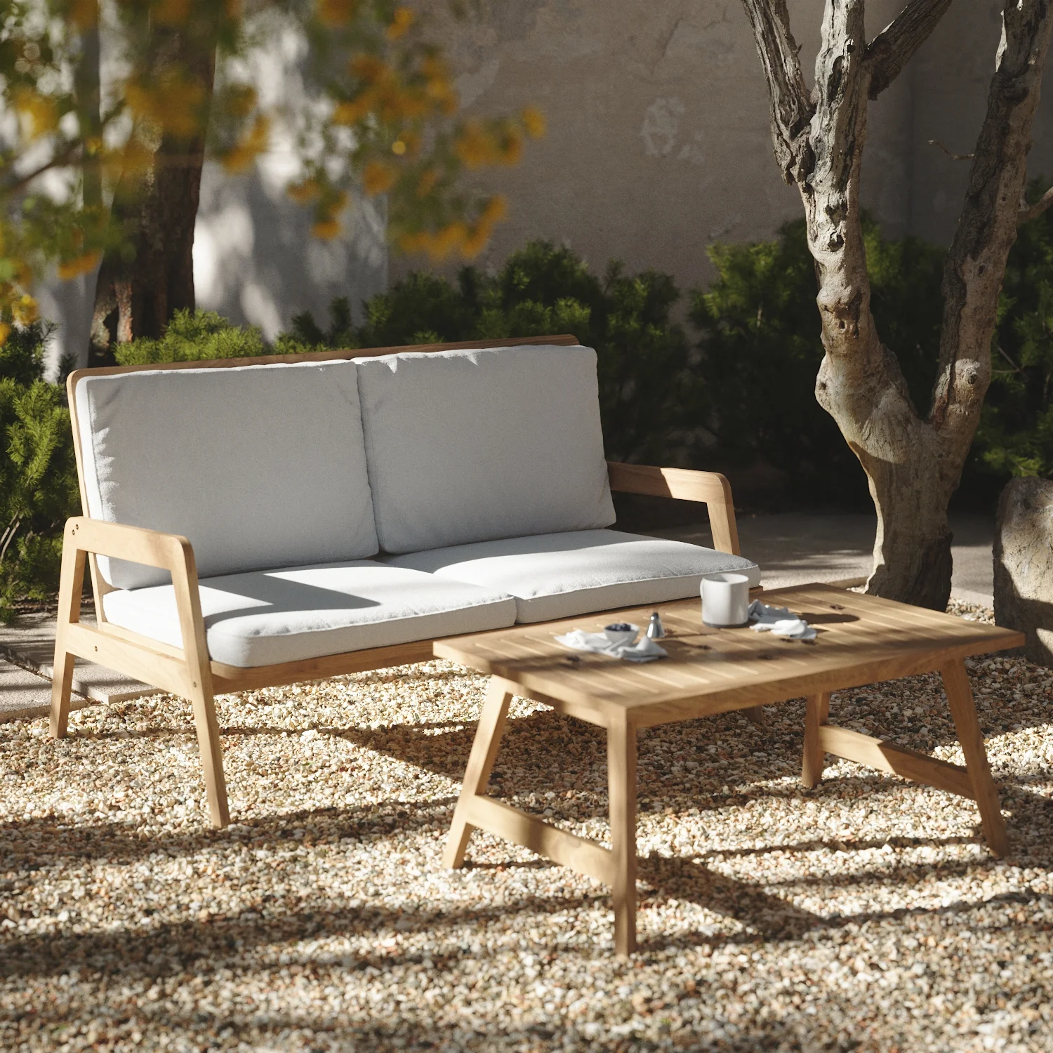 LuxenHome Outdoor Acacia Wood Coffee Table and Loveseat with Cushions