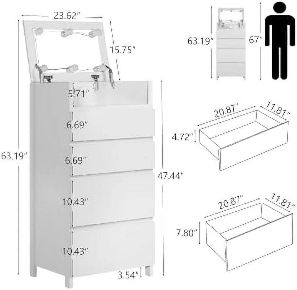 TJCGDTY Dresser for Bedroom  4 Drawer Dresser with Mirror and Lights  Modern Tall Chest of Drawers with  Organizer for Small Space  Bedroom  Entryway  Living Room (White)