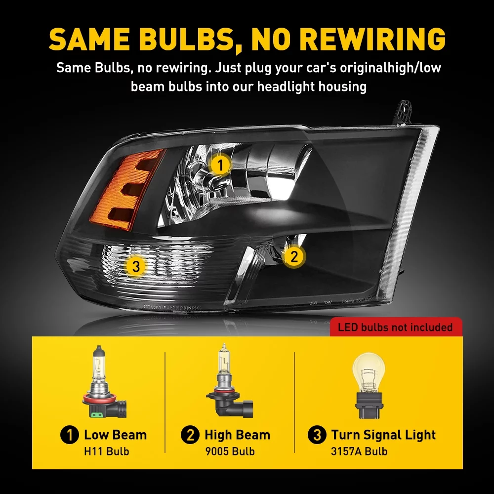 Headlight Assembly 2009-2018 Dodge Ram Quad 1500 2500 3500 Pickup Replacement Headlamp Black Housing Clear Lens