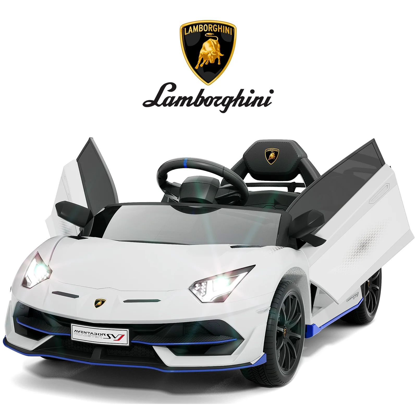 YUFU Kids Electric Ride On 12V 7AH Licensed Lamborghini Aventador Sports Car Toy with 3 Speeds Parent Remote Control, Sound System, LED Headlights & Hydraulic Doors - White