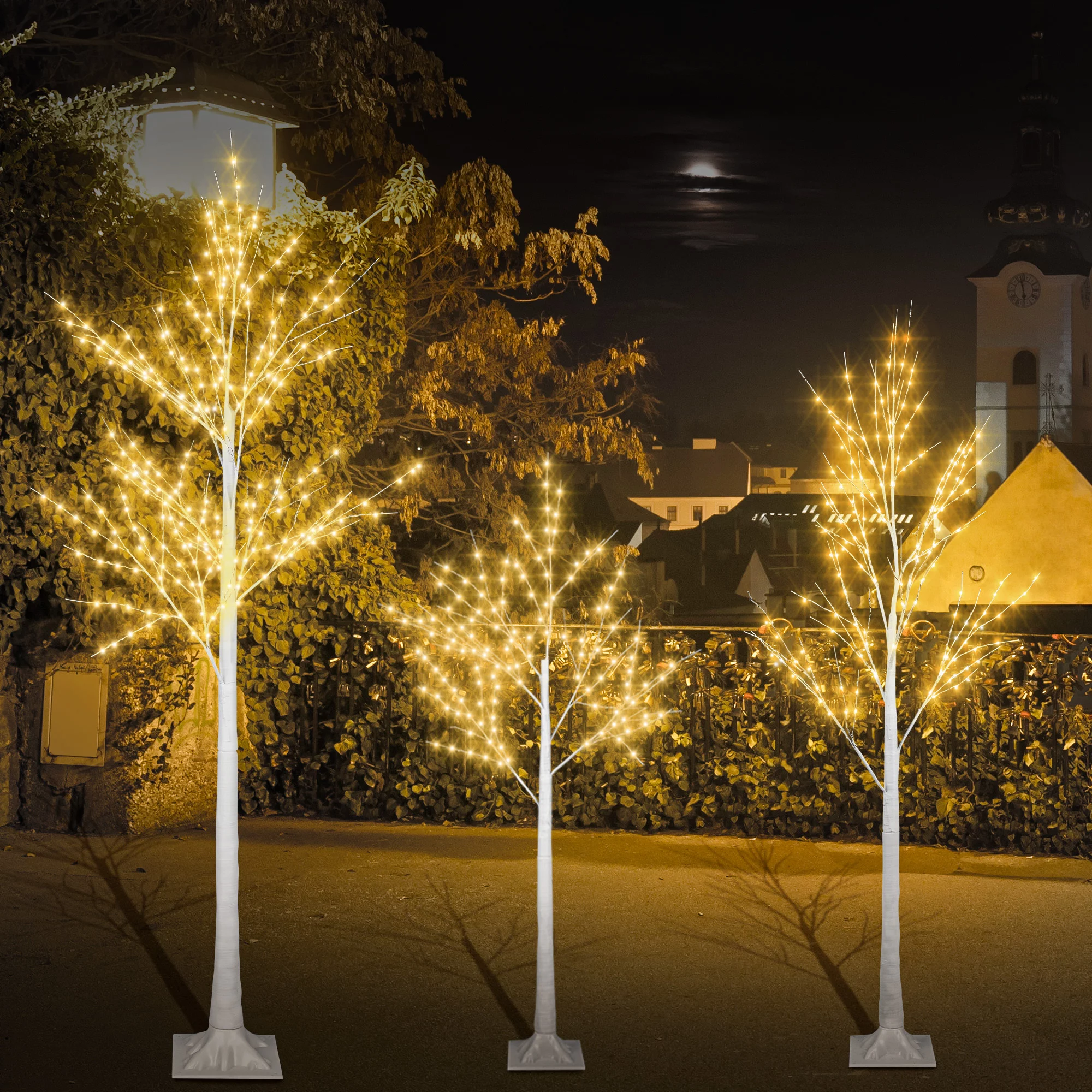 Birch Tree Lighted, 3-Pack Pre-lit Christmas Trees, White Artificial Lighted Trees, 4’ 5’ 6’ All-Weather LED Warm Lighted Trees for Home Decoration