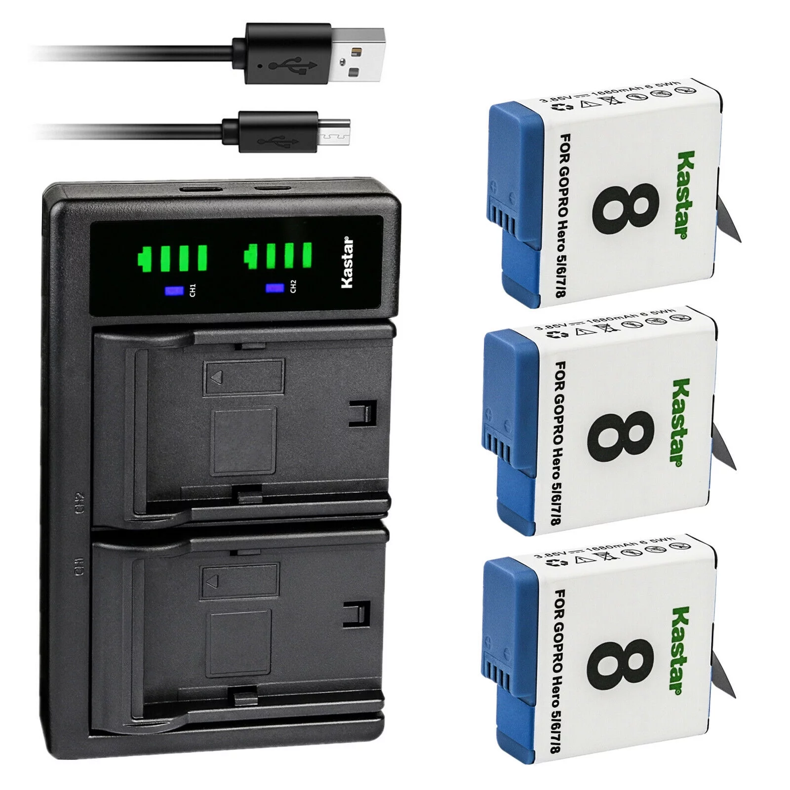 Kastar 3-Pack Battery and LTD2 USB Charger Replacement for Gopro HERO 8, Hero 6 HD Silver, Hero 5 Action Camera, HERO5 Black, Hero 5 HD Black, HERO5 Silver, Hero 5 HD Silver, HERO Camera, HERO 2018