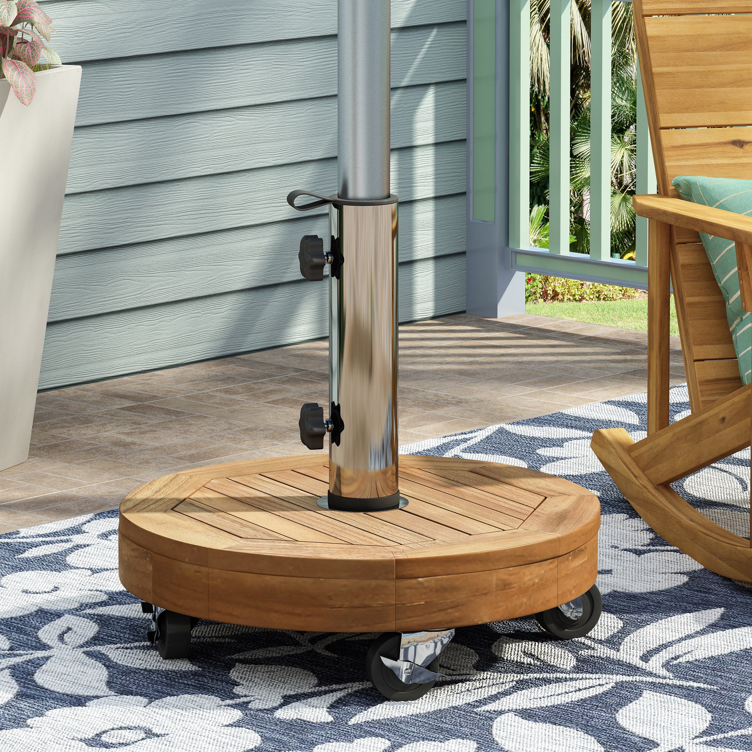 Hanville Acacia Wood Outdoor 33lb Circular Umbrella Base with Stainless Steel Tube, Teak