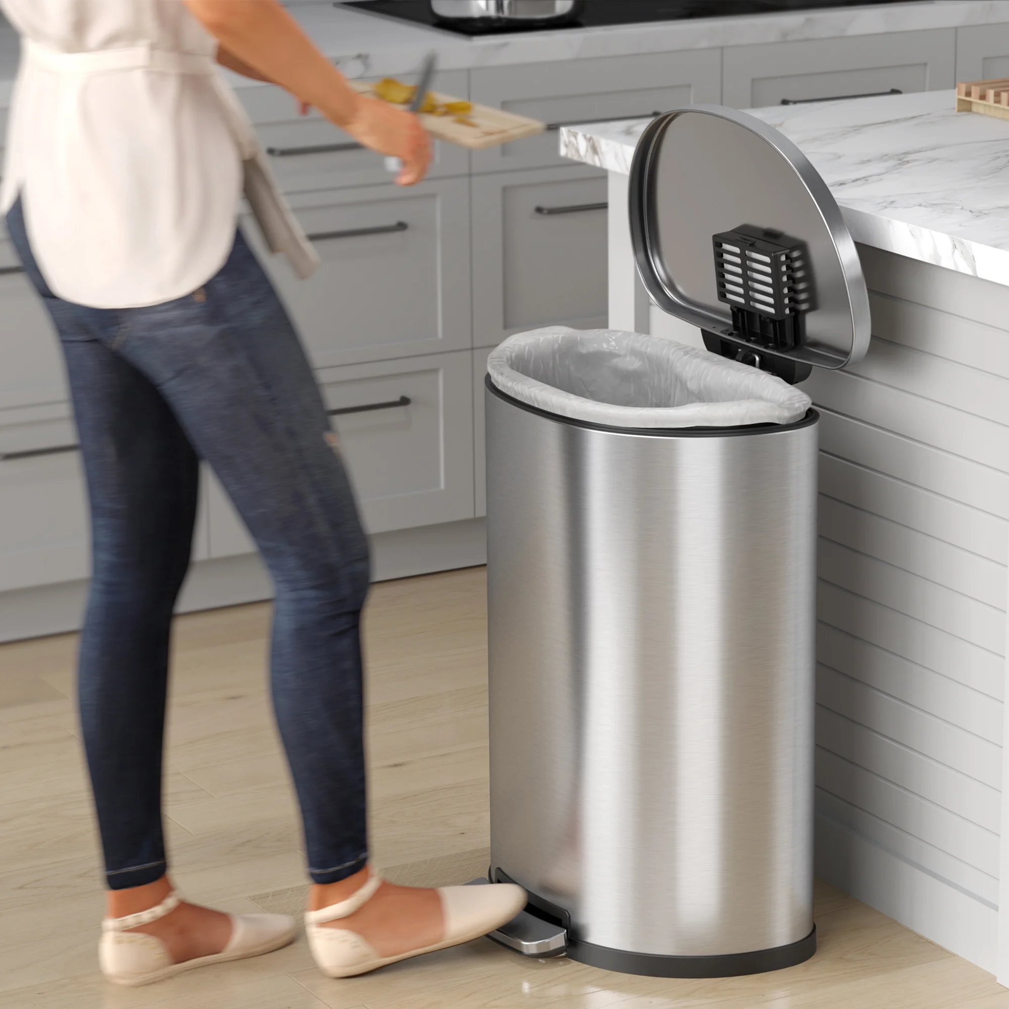 iTouchless SoftStep 13.2 Gallon Semi-Round Stainless Steel Step Trash Can with Odor Control System, 50 Liter Pedal Garbage Bin for Kitchen, Office, Home - Silent and Gentle Open and Close