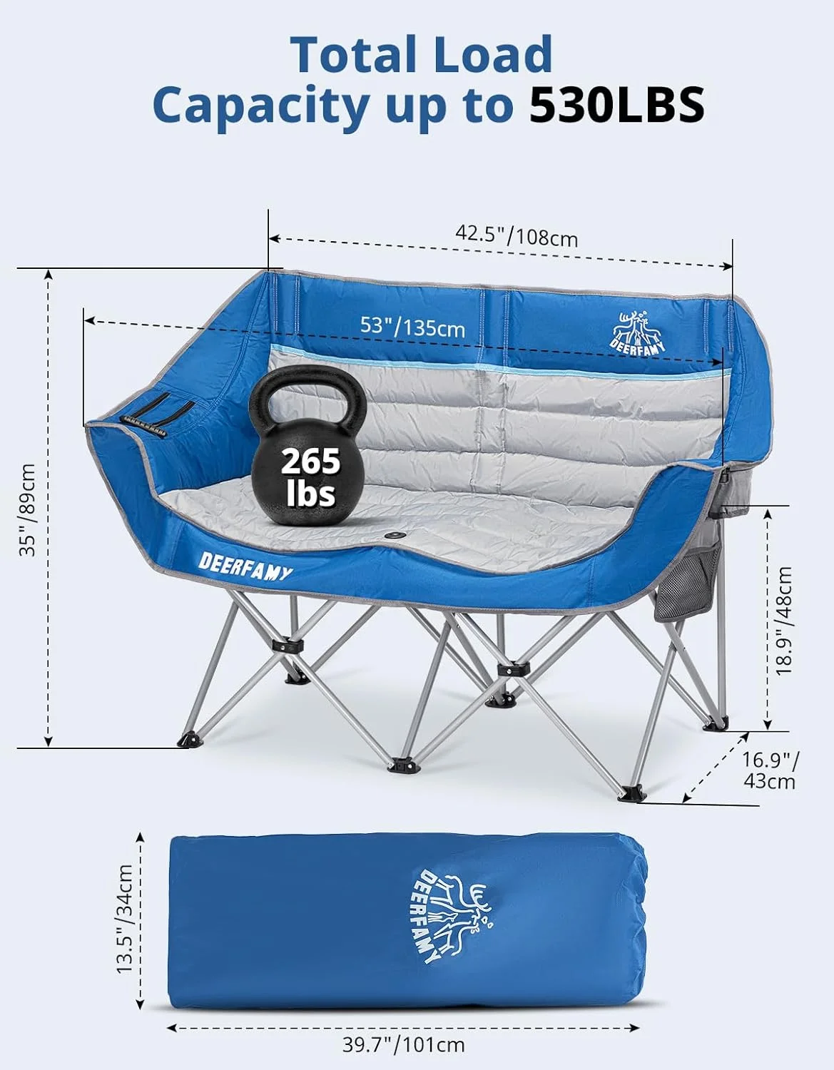 YILAN Double Camping Chair Portable Folding Outdoor Loveseat with Cup & Wine Glass Holder for Outdoor/Beach/Patio-Supports up to 530 LBS（Blue）