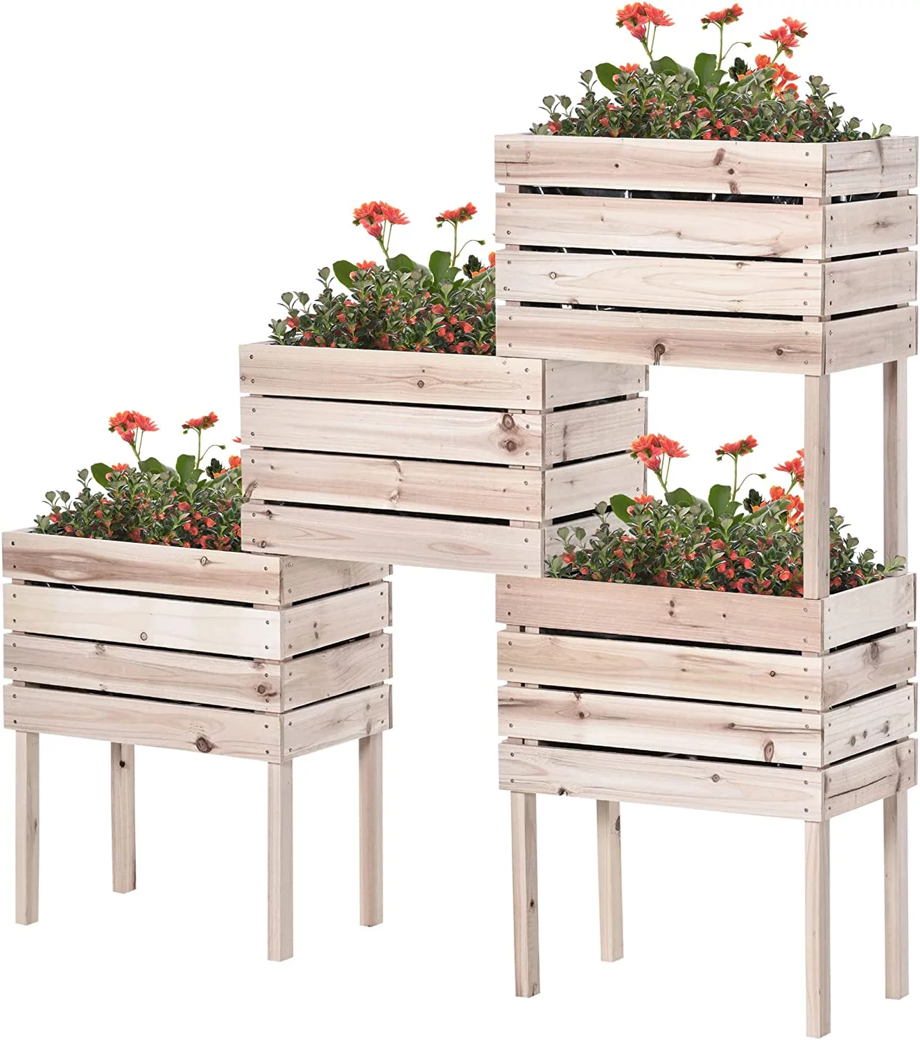 Outsunny 4PCS Raised Garden Bed, Wooden Elevated Planter Box Kit with Bed Liner, DIY Shape, for Flowers Vegetables