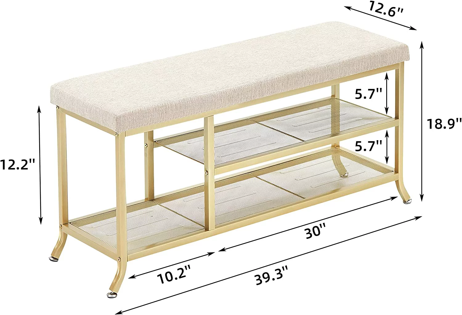 Shoe Storage Bench with Padded Seat, Shoe Rack Bench for Entryway, Shoe Storage Shelf with Metal Frame, 2-Tier Shoe Organizer Shelf for Hallway Bedroom Living Room Dorm Department, Gold