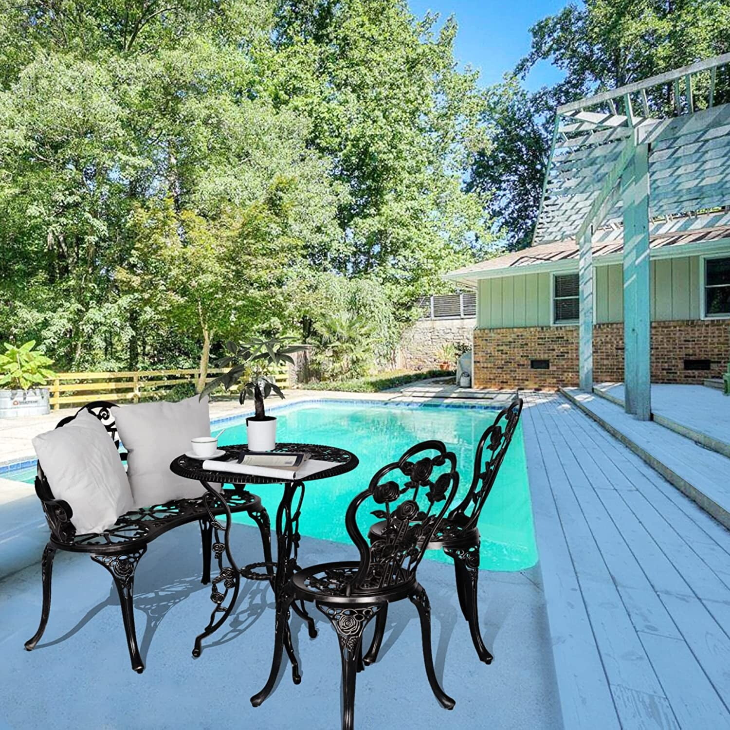 Patio Cast Aluminum Bistro Set with Umbrella Hole 3pcs-DarkBronze-Flower