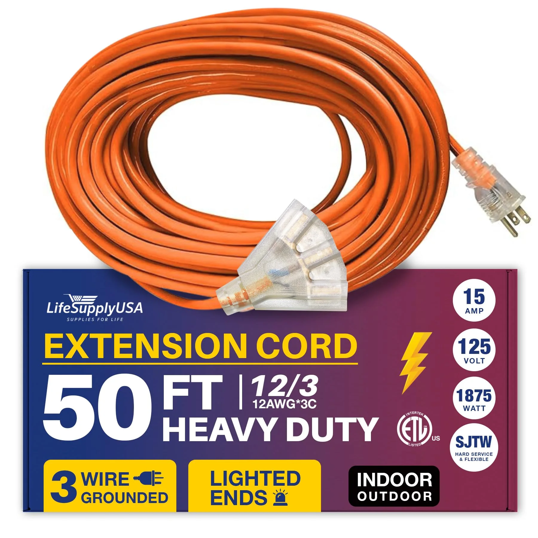 50ft Power Extension Cord Outdoor & Indoor - Waterproof Electric Drop Cord Cable -, 3-Outlet, SJTW, 12 Gauge, 15 AMP, 125 Volts, 1875 Watts, 12/3 - ETL Listed by LifeSupplyUSA - Orange (1 Pack)