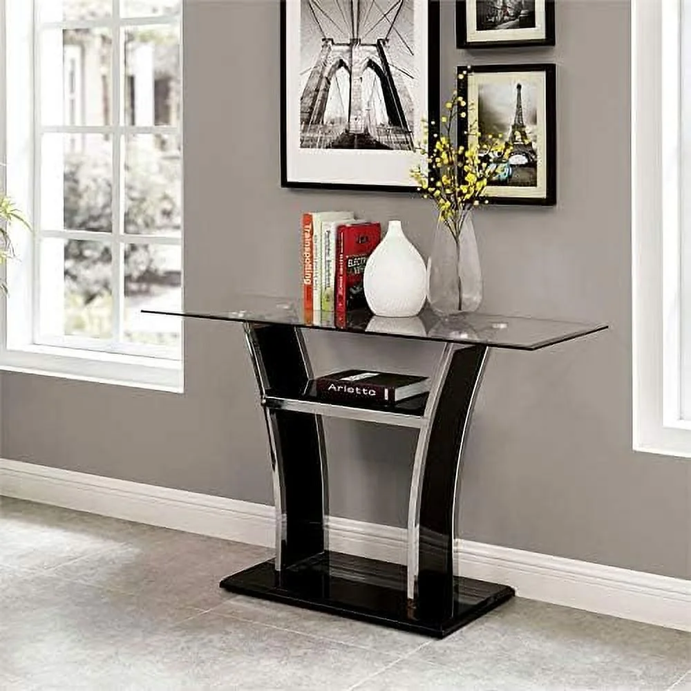 contemporary glass top sofa table in glossy black