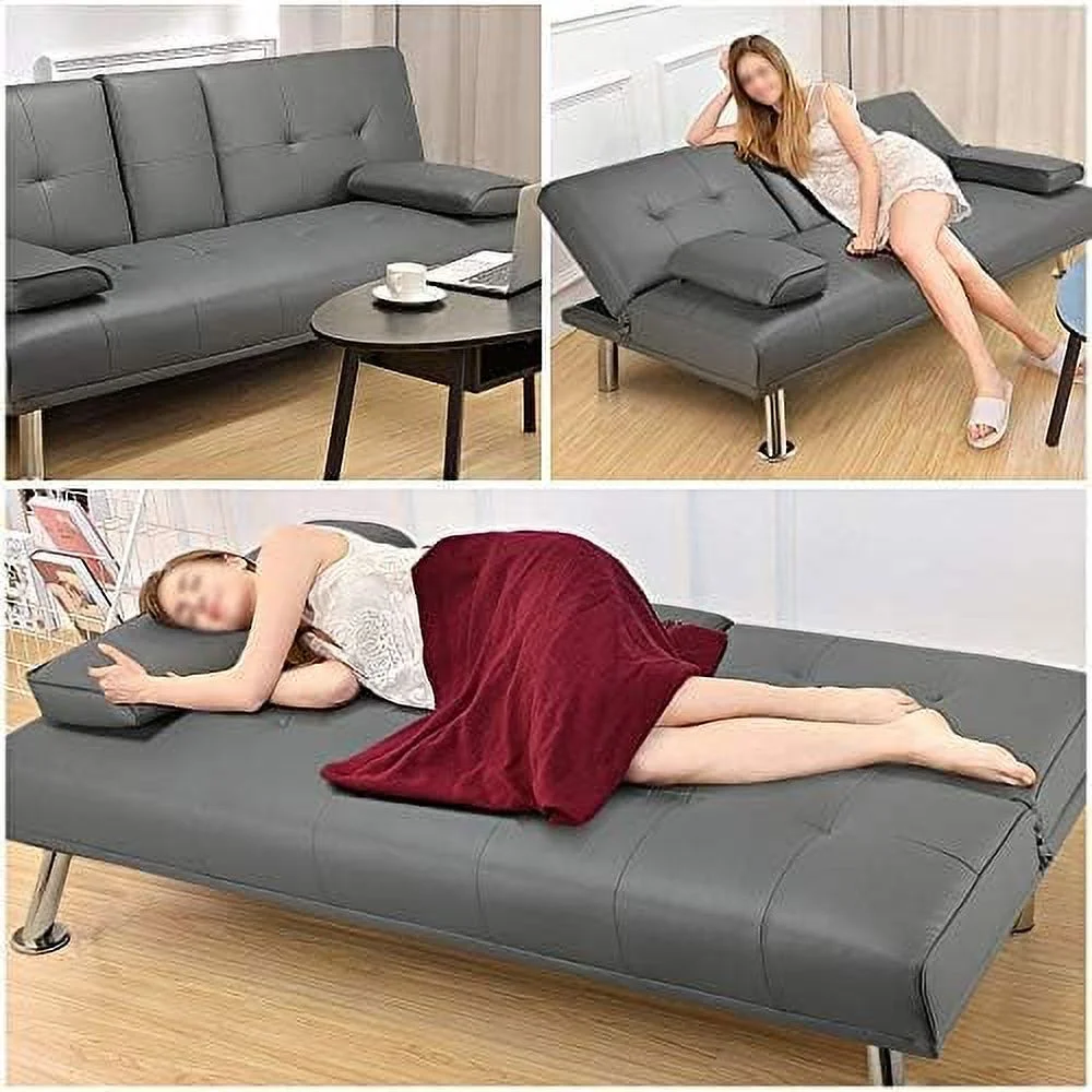 CGFHYP Convertible Sofa Bed Adjustable Couch Sleeper Modern Faux Leather Home Recliner Reversible Loveseat Folding Daybed Guest Bed  Removable Armrests  Cup Holders  3 Angles  772lb Capac