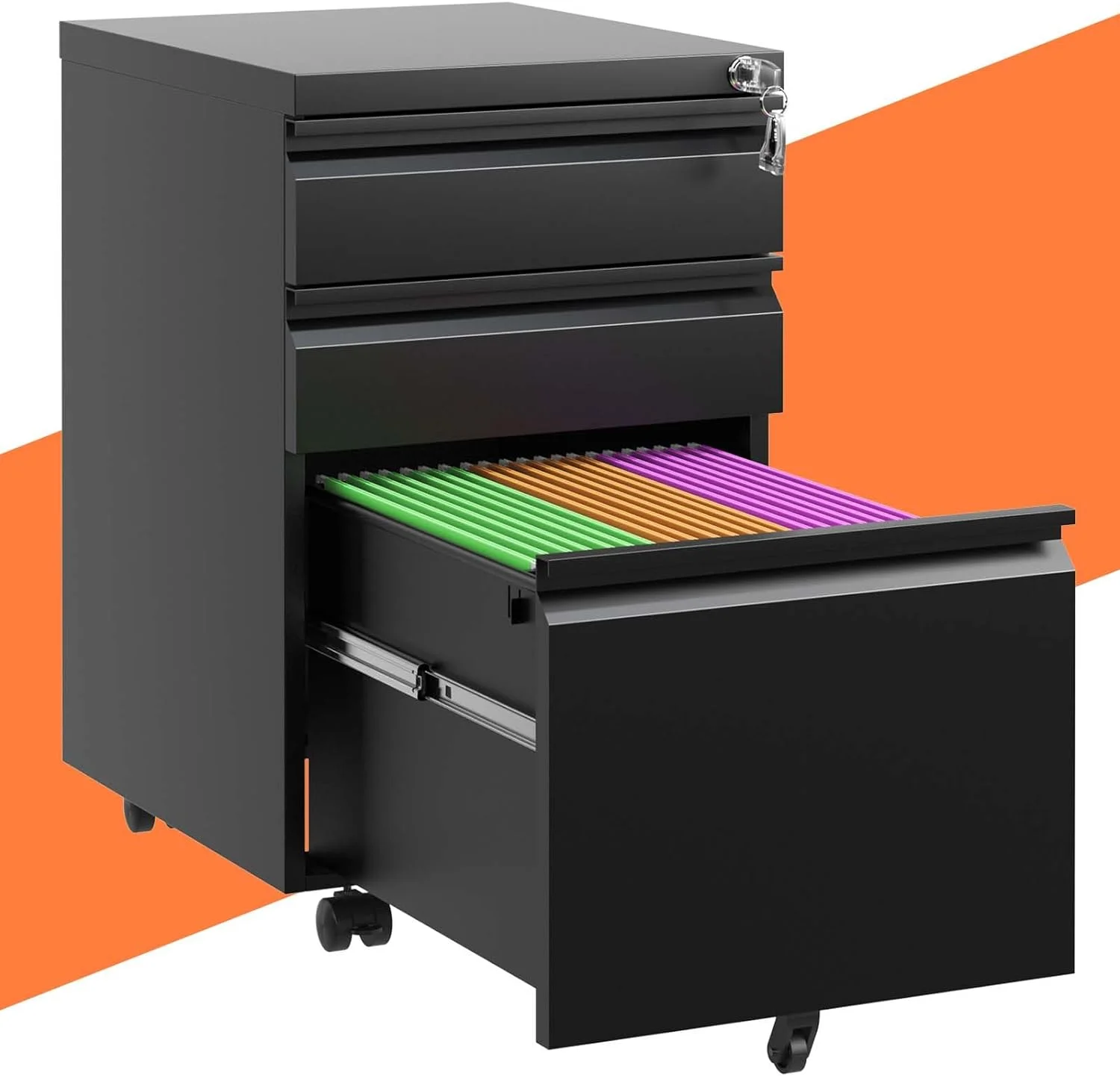 3-Drawer Mobile File Cabinet with Lock,Small Rolling Metal Office Storage Filing Cabinet Under Desk,Vertical Locking File Cabinets with Wheels for Home Office,Legal Fully Assembled Black