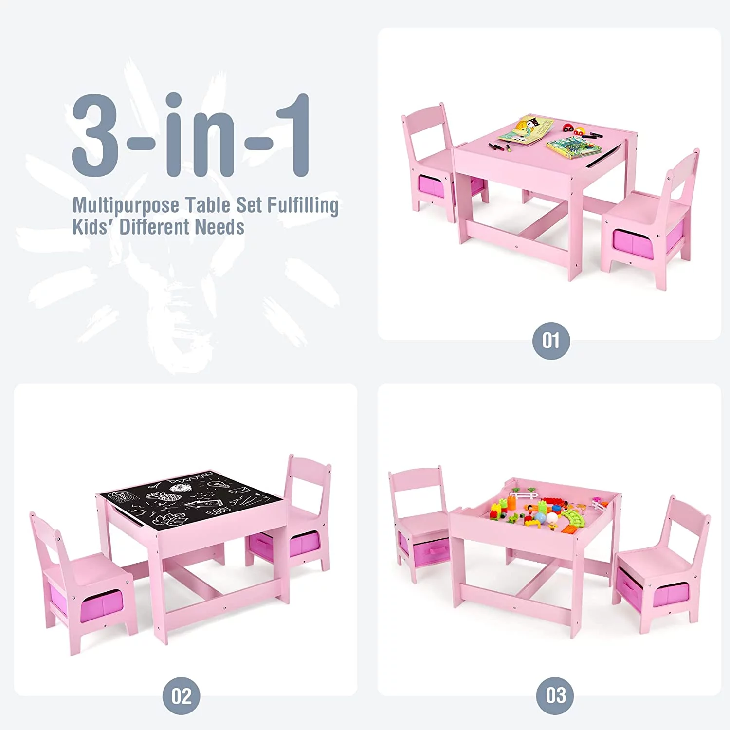 Kids Table and Chair Set, 3 in 1 Wooden Activity Table for Toddlers Arts, Crafts, Drawing, Reading, Playroom, Toddler Table and Chair Set w/ 2 in 1 Tabletop, Storage Space, Gift for Boy & Girl