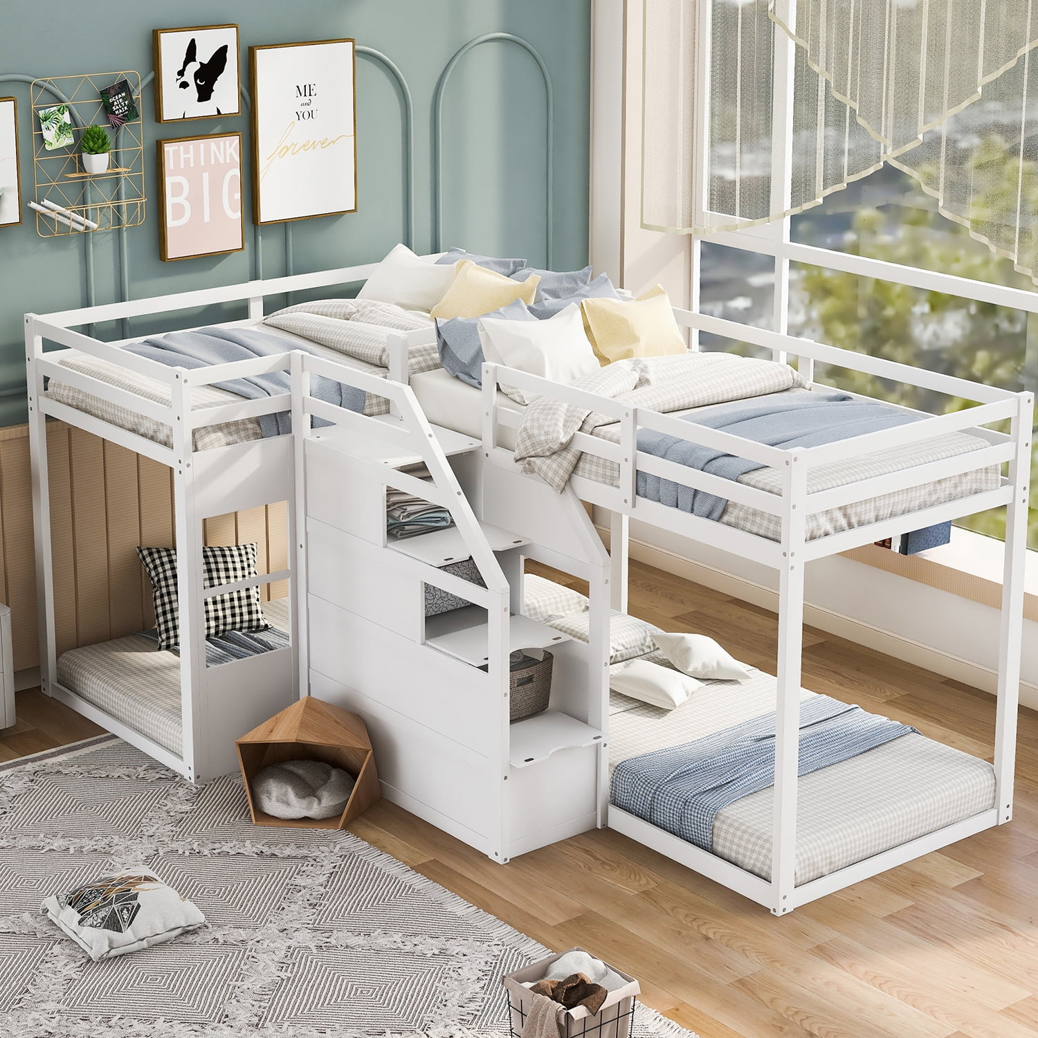 CHURANTY Twin Over Twin Quad Bunk Beds,Wood L-Shaped Bunk Beds with Built-in Middle Staircase, 4 Beds Bunk Bed for Kids, Teens, Adults,White