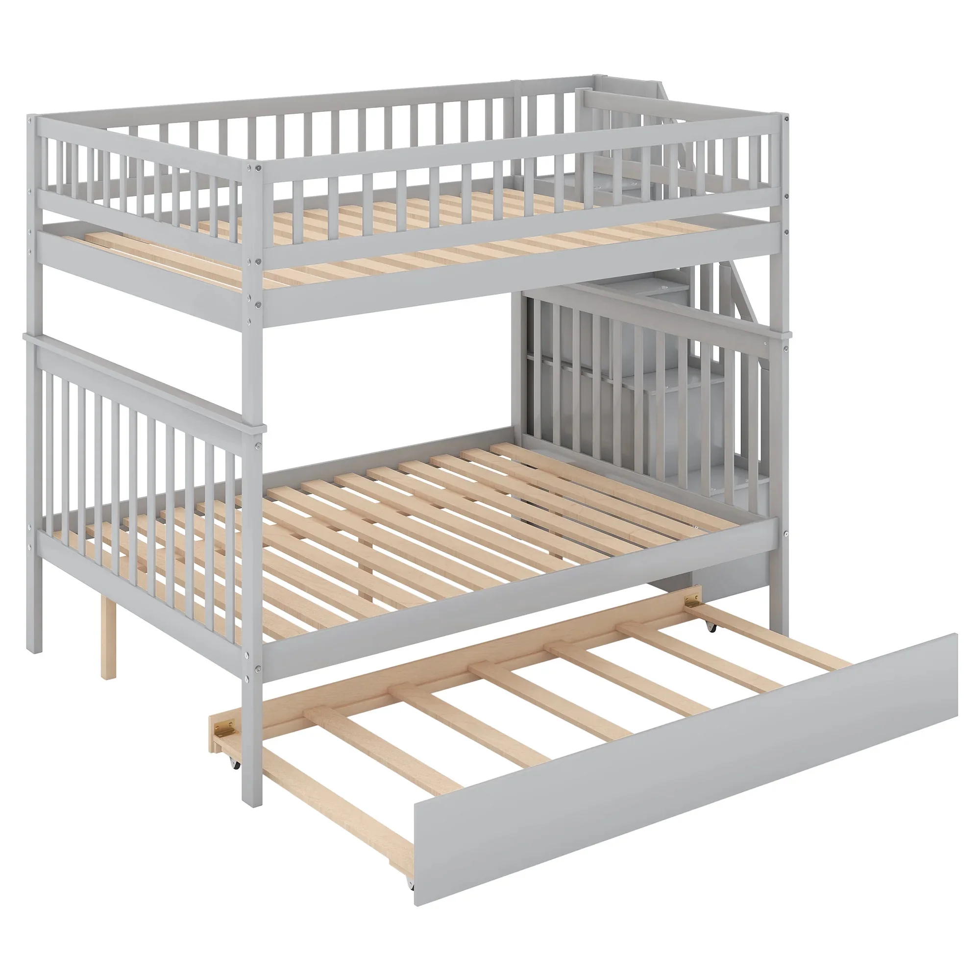 Living Pavilion Full over Full Bunk Bed with Trundle and Staircase,Pine wood MDF, Gray