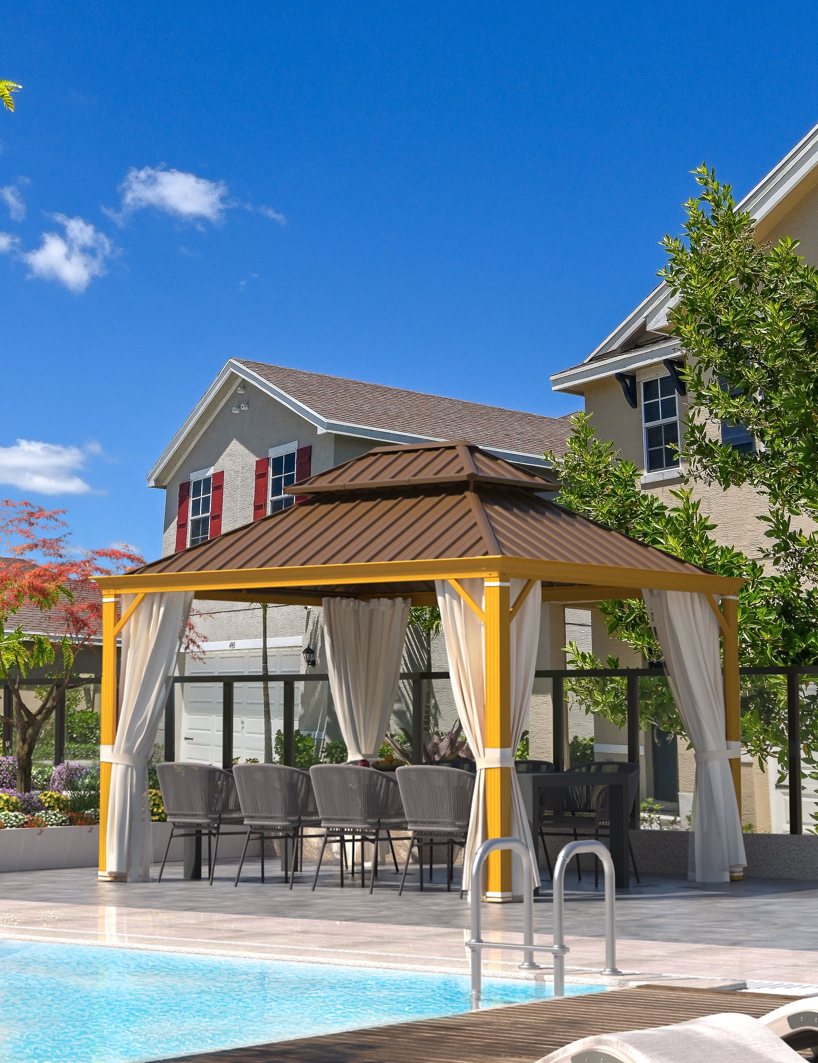 Hommow 10' x 12' Hardtop Gazebo, Wooden Finish Coated Aluminum Frame Gazebo with Double Roof