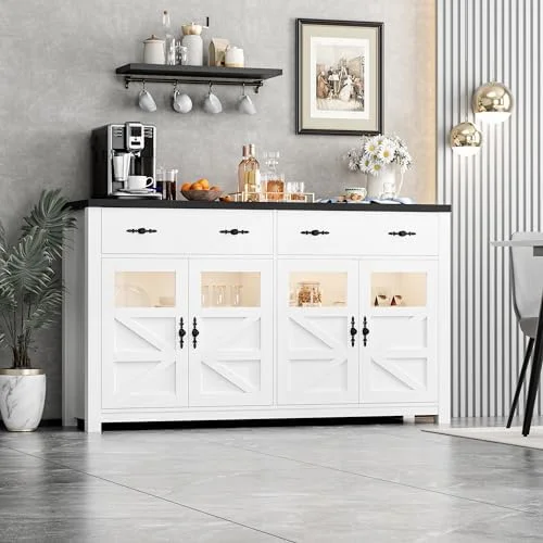xrboomlife Buffet Cabinet with   55.1" Large Sideboard Buffet Cabinet  Farmhouse Sideboard Kitchen Cabinet with 2 Drawers and 4 Doors  Wood Coffee  Cabinet Buffet Table  White & B