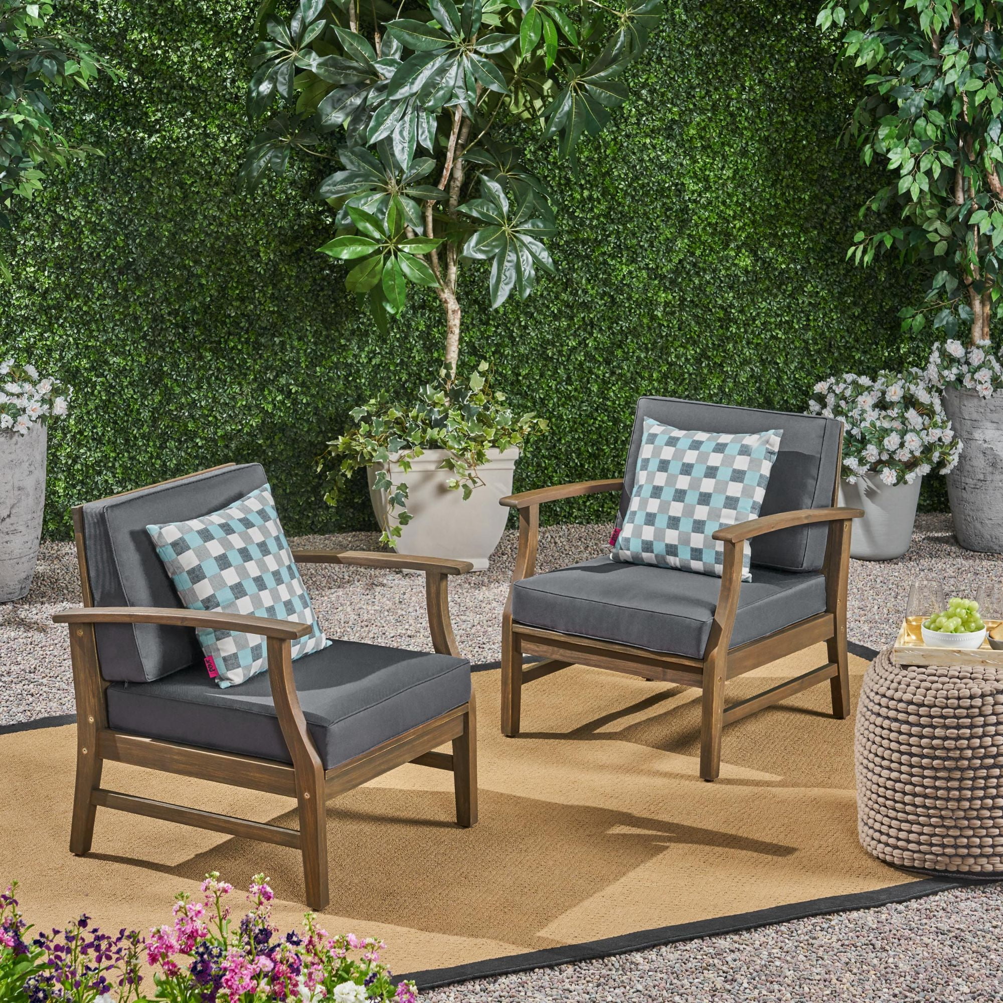 Noble House Perla Outdoor Acacia Wood Club Chair in Dark Gray (Set of 2)