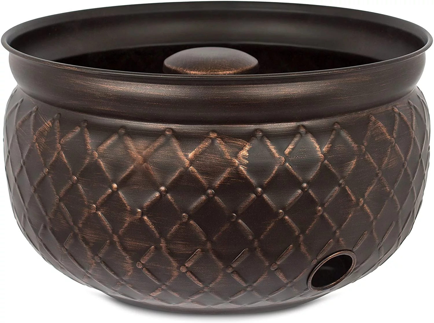 Water Hose Holder | Holds 100ft Hose | Drainage Hole | Ground Garden Hose Pot | Decorative | Embossed | Steel Metal with Copper Accents | Outdoor or Indoor Use