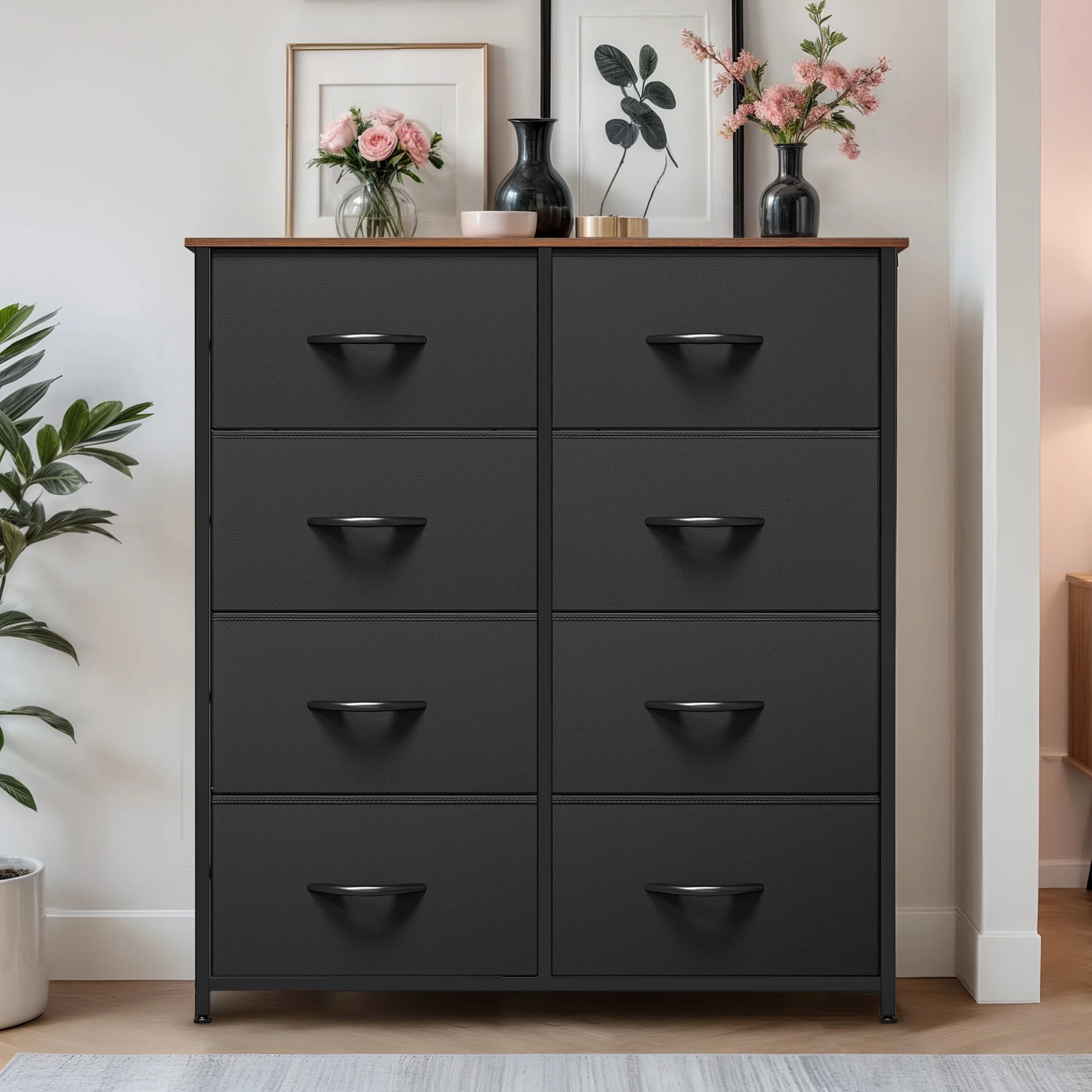ModFusion 8-Drawers Fabric Dresser with Wooden Top for Bedroom, Living Room & Office – Black