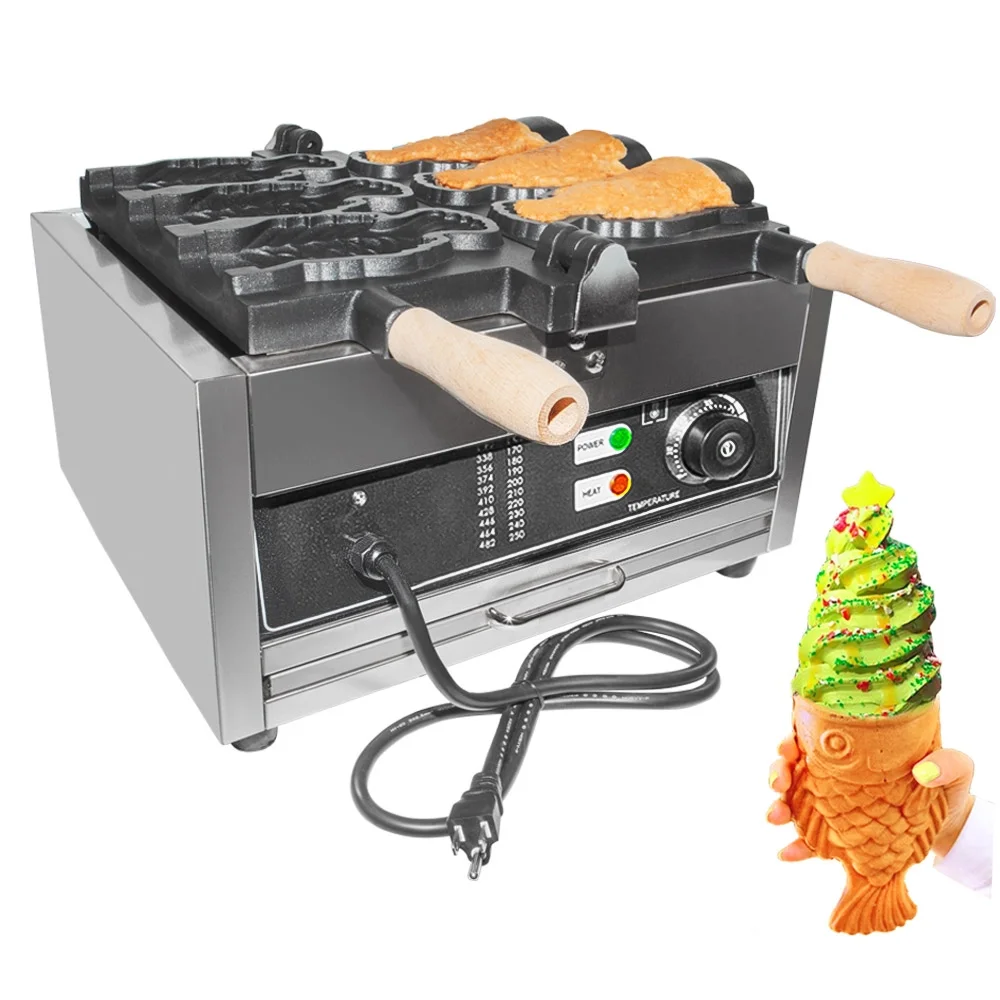 GorillaRock Taiyaki Machine Commercial | 3 Open-Mouth Fish Shaped Waffles Cones | Nonstick Taiyaki Iron | 110V