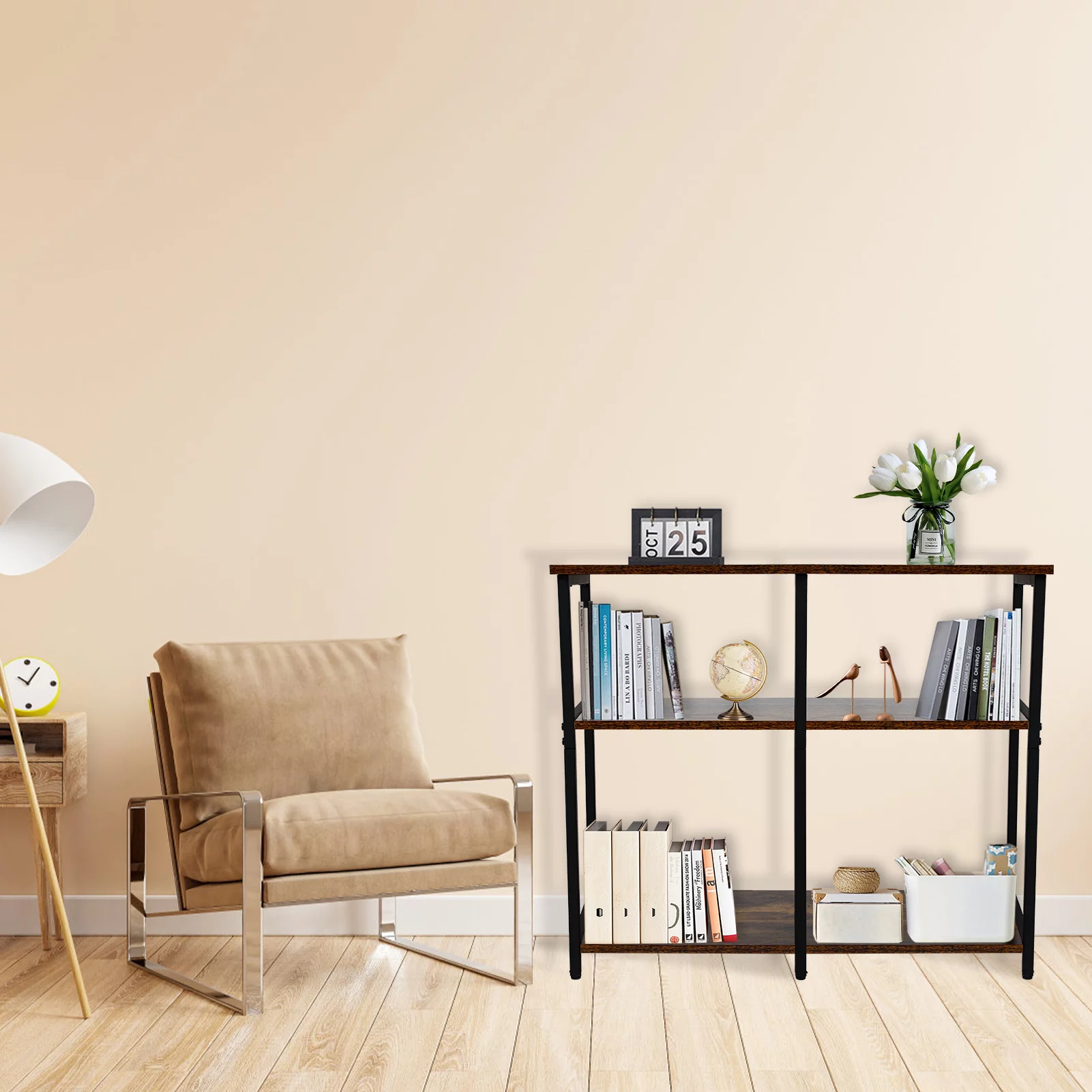 Fionafurn 3 Tier Industrial Shelf Set of 2, Wood Bookcase Organizer with Metal Frame，Black