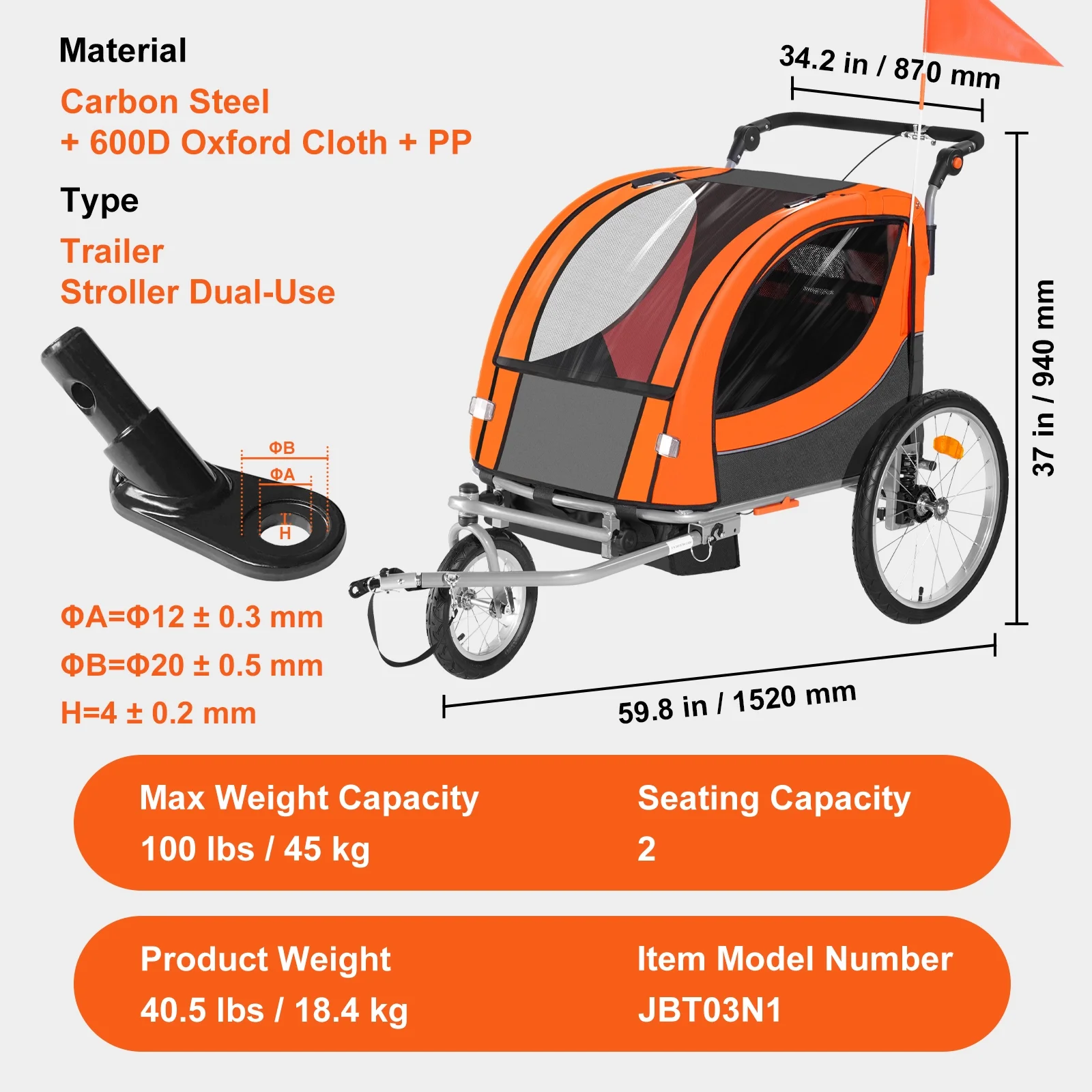 SKYSHALO 2 Seater Child Bike Trailer 100 lbs Foldable Stroller Double Kids Folding