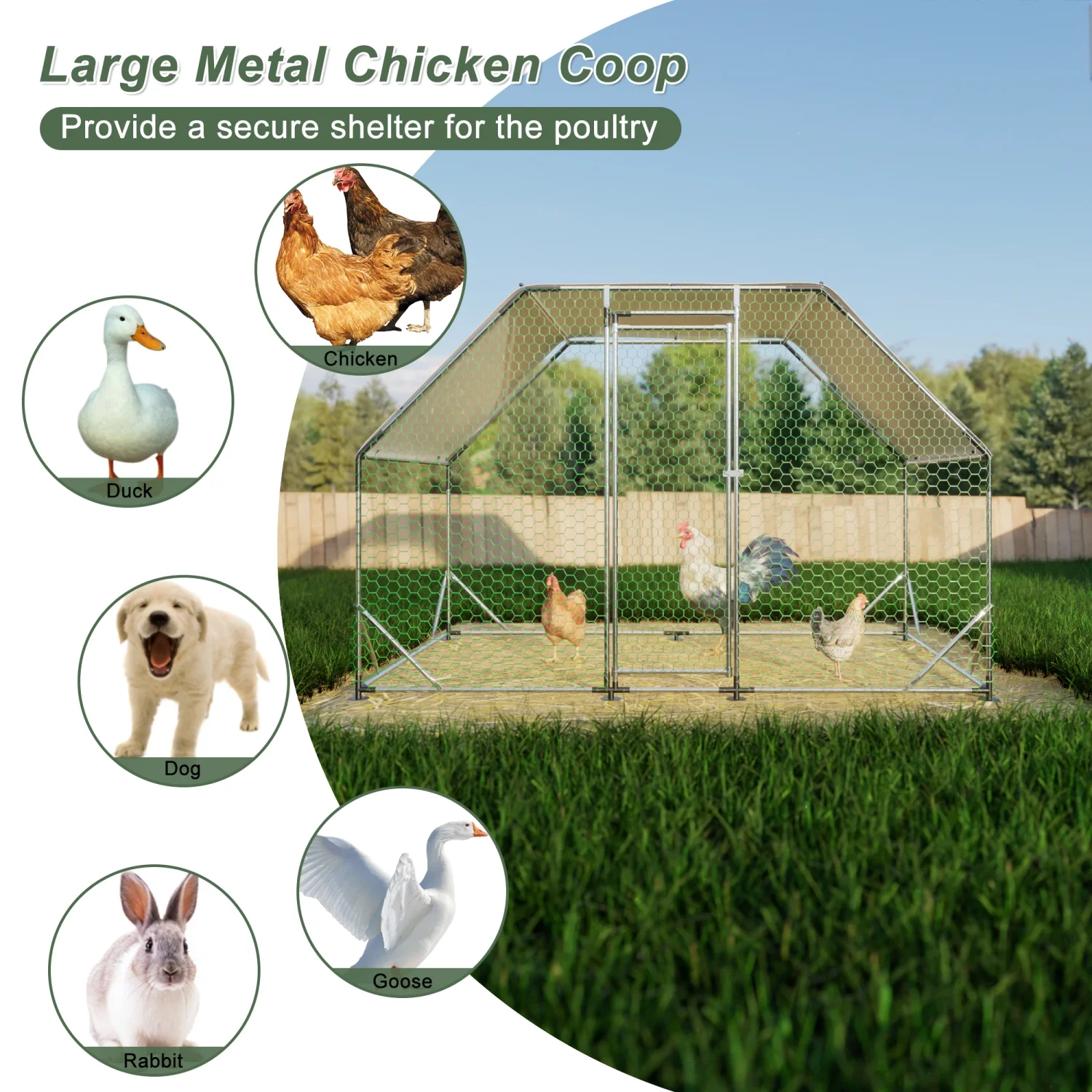 JHOOTUUO Metal Large  Coop Walk-in Poultry Cage Run  Shaped with Waterproof 9.94‘L x 6.46‘W x 6.36‘ft