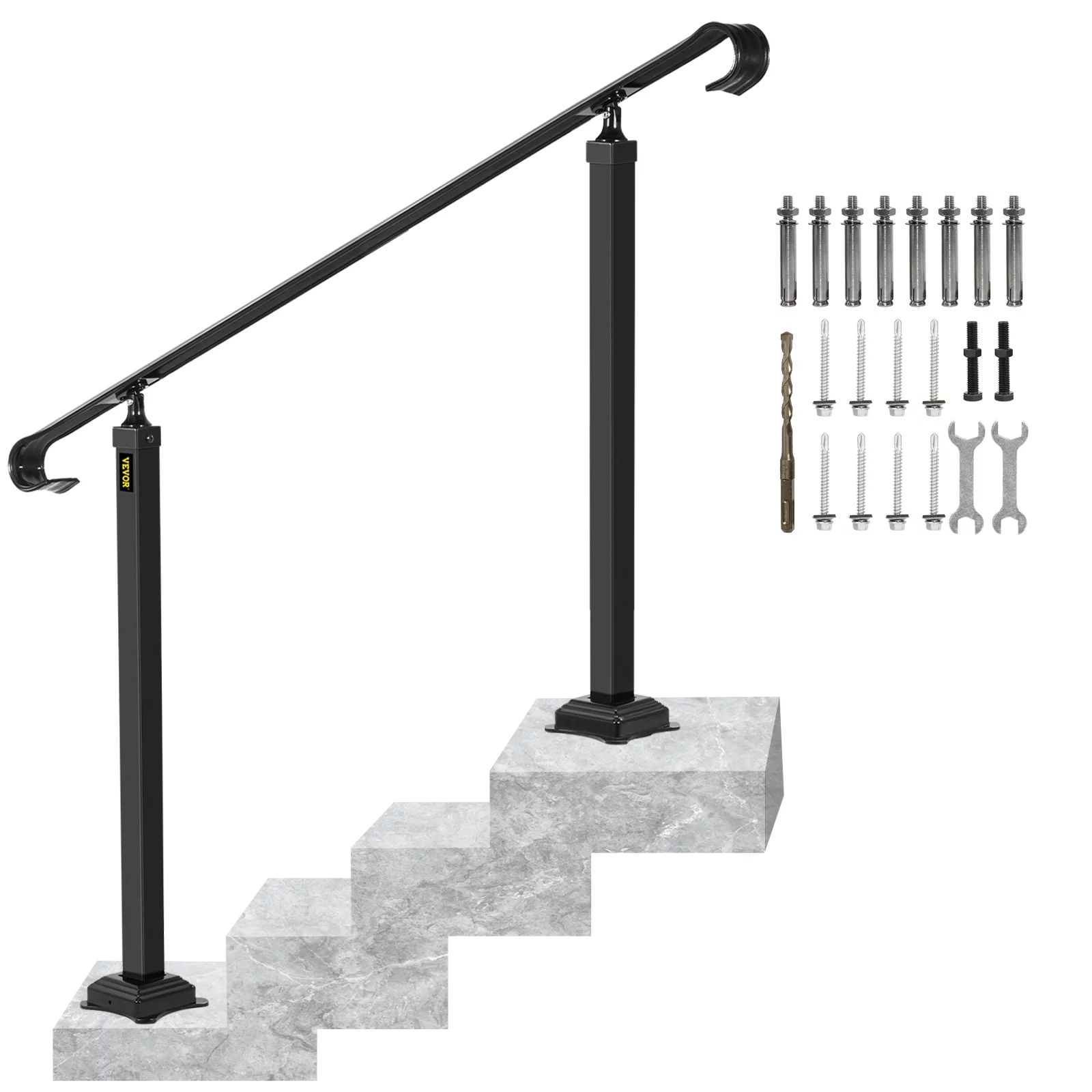 VEVORbrand Handrail for Stairs Fit 2 or 3 Steps Wrought Iron Handrail,Outdoor Stair Railing, Height Adjustable Front Porch Hand Rail, Black