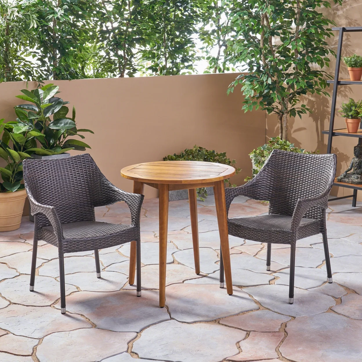 GDF Studio Lambert Outdoor Acacia Wood and Wicker 3 Piece Bistro Set, Teak and Multibrown