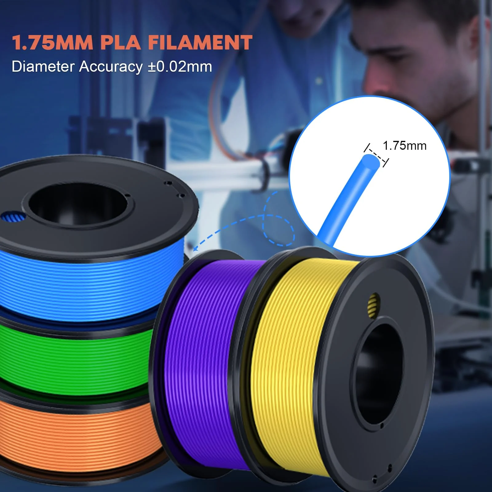 3D Printer Filament PLA 1.75mm, Dimensional Accuracy ±0.02mm, Neatly Wound Filament Bundle, Filiment Vacuum Pack 1.25KG, 5 Colors, 0.25kg Spool, 5 Packs, Orange+ Green+Blue+Purple+Yellow