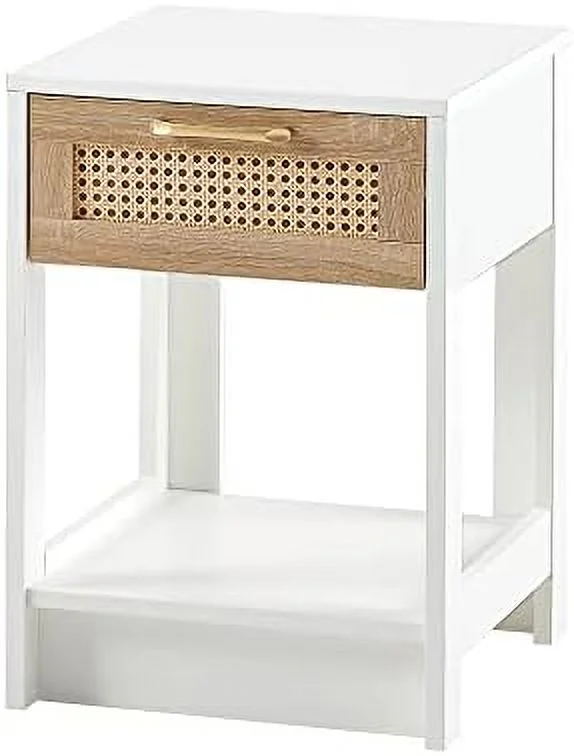 CHDEUSL Rattan Nightstand with 1 Drawer and Open   Small End   Modern Wooden Bedside   Room Bedroom and Small Space (Brown)