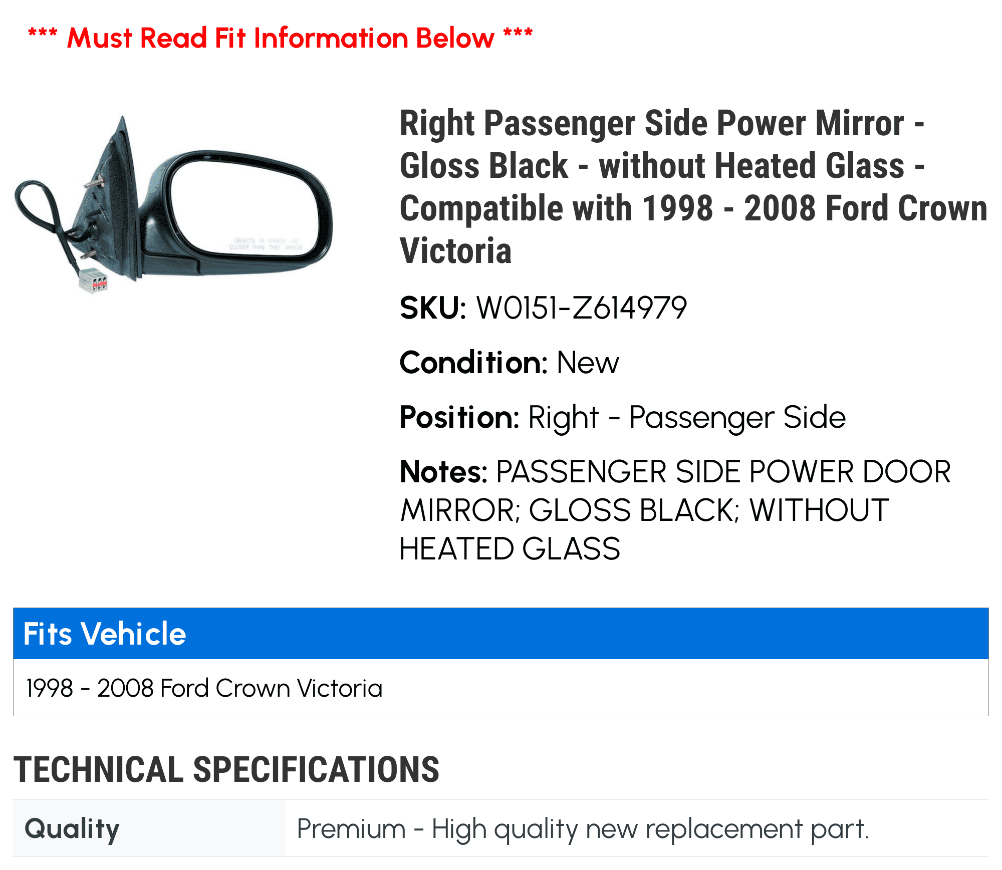 Right Passenger Side Power Mirror - Gloss Black - without Heated Glass - Compatible with 1998 - 2008 Ford Crown Victoria 1999 2000 2001 2002 2003 2004 2005 2006 2007