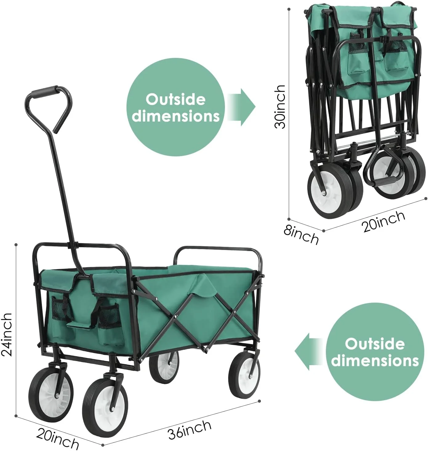 Wagon Cart,Beach Cart,Folding Cart With 360°Wheels Collapsible,Heavy Duty Outdoor Utility Wagon Cart With 2 Cup Pockets,Adjustable Handle,Collapsible Rolling Cart For Beach Camping Garden Yard,Green