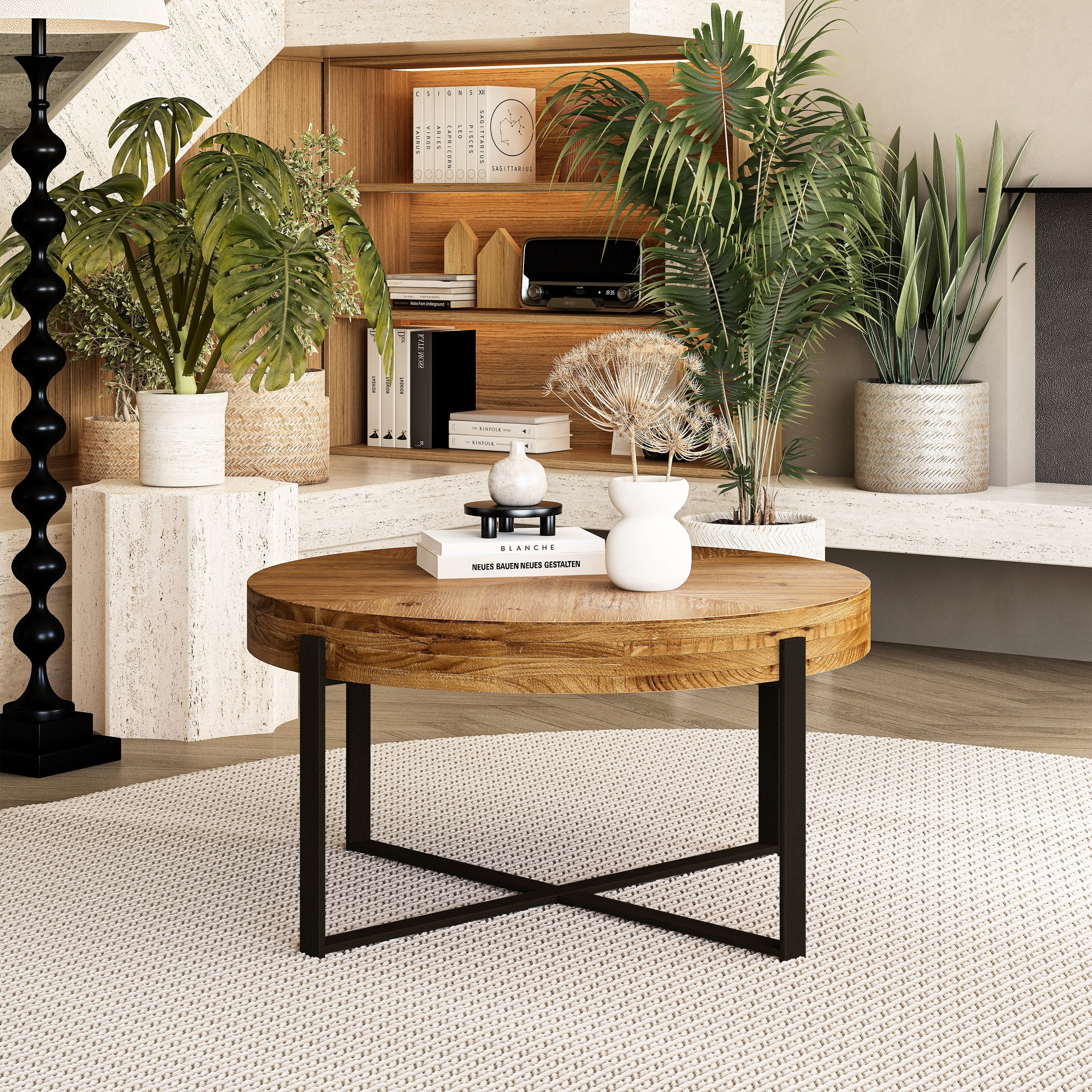 Modern Retro Splicing Round Coffee Table,with Cross Legs Metal Base Natural+Black-33.86