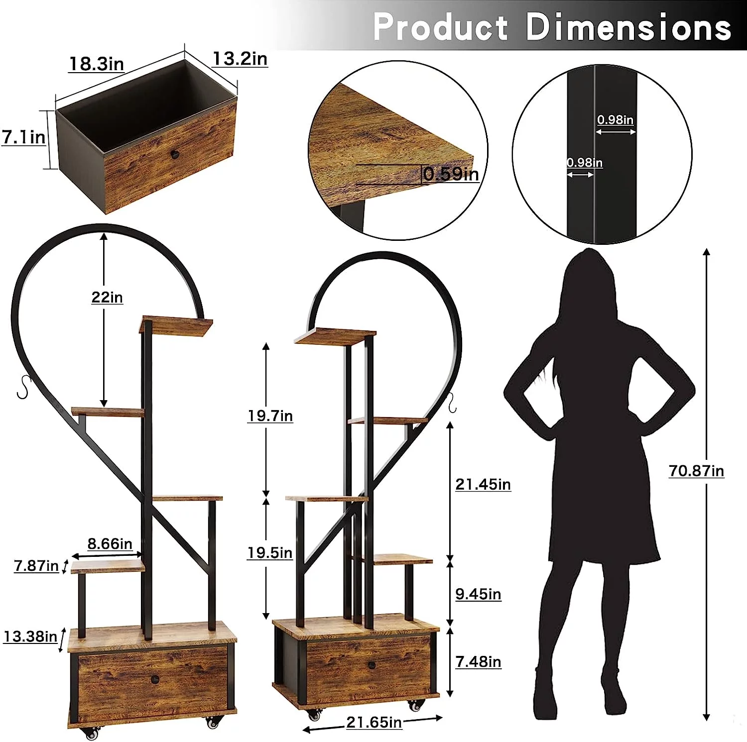 2 Pcs 5 Tier Metal Indoor Plant Stand with Wheels, Wood Plant Stands,Multi-Purpose Plant Stands for Outdoor, Home Decor, Balcony, Patio, Garden, Gardening Gifts for Mom
