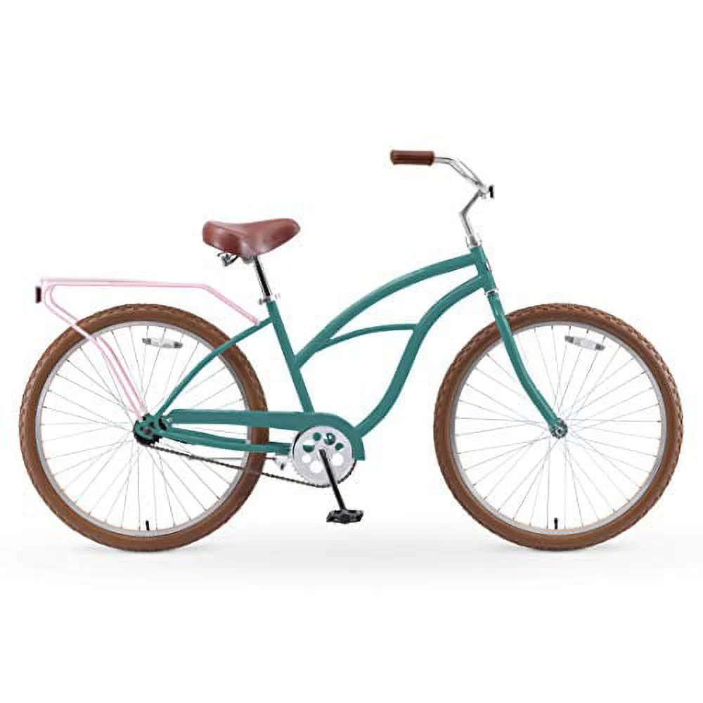 sixthreezero Around the Block Women's 26 In. Single Speed New Beach Cruiser Bicycle with Rear Rack, Pine Melon
