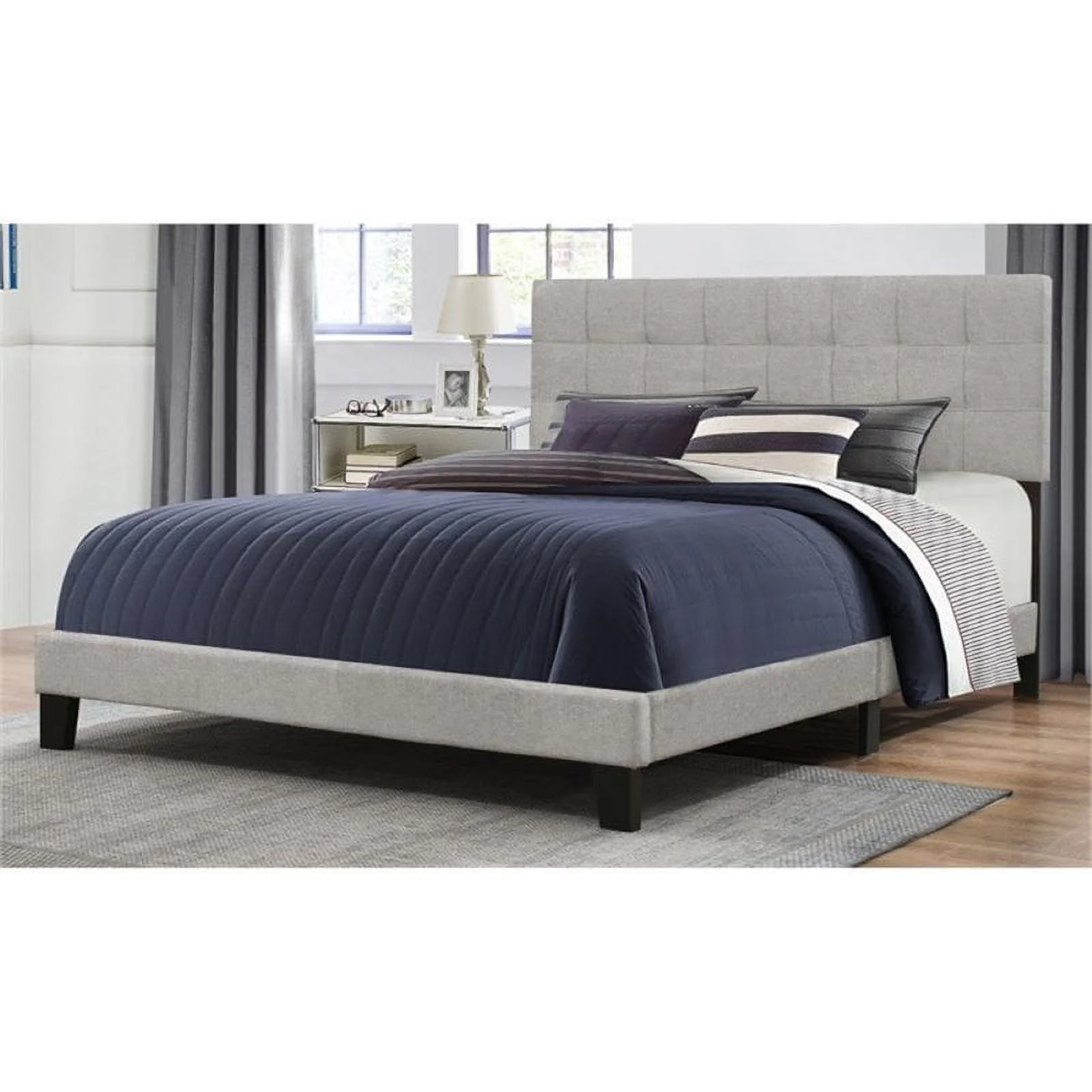 Bowery Hill Modern Metal/Fabric Rounded Square Headboard Full Panel Bed in Gray