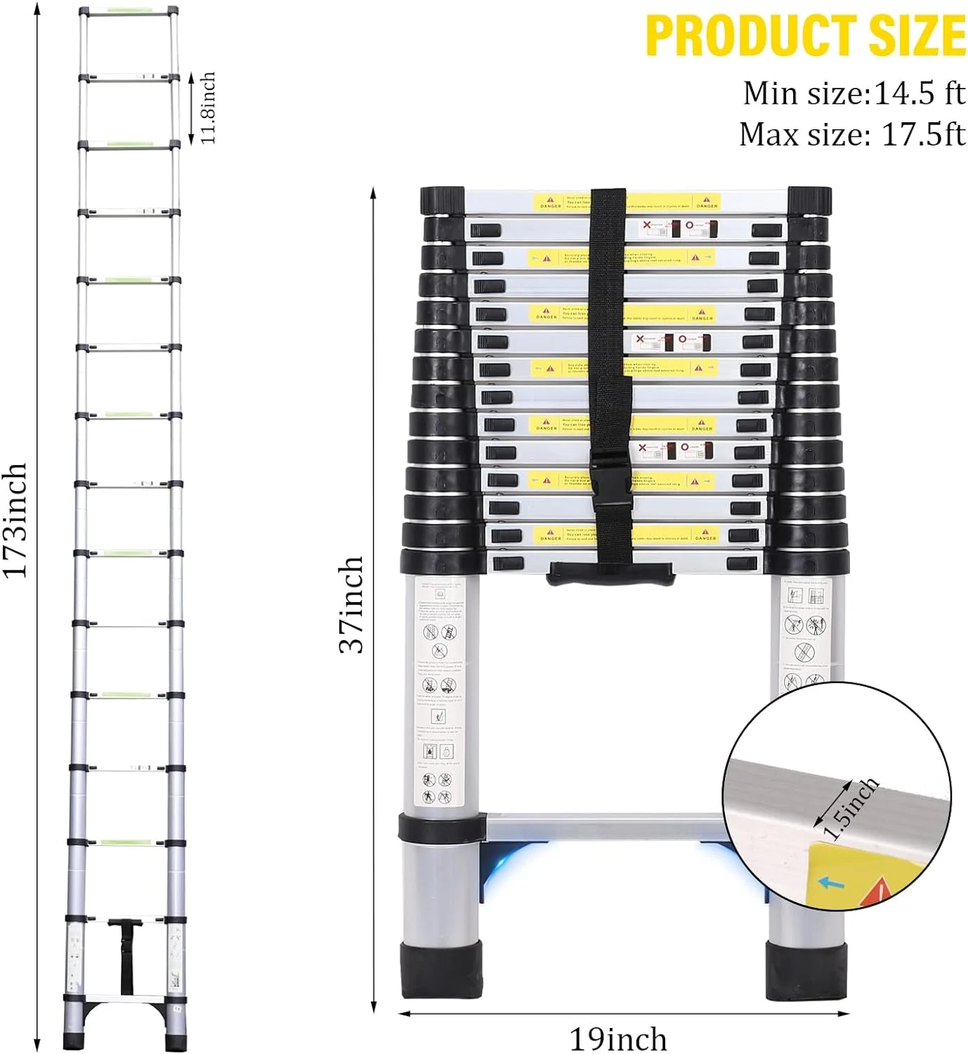 YANRUI 14.5FT Telescoping Extension Ladder, Extension Ladder with Triangular stabilizer, Foldable Aluminum Retractable Collapsible Ladders for Household and RV Outdoor Work 330 lbs Load