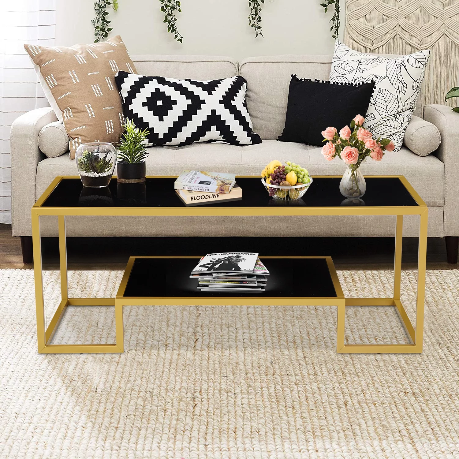 Kinbor Modern Coffee Table, Bedroom Simple Center Table with Open Storage Shelf Tempered Glass, Golden & Black