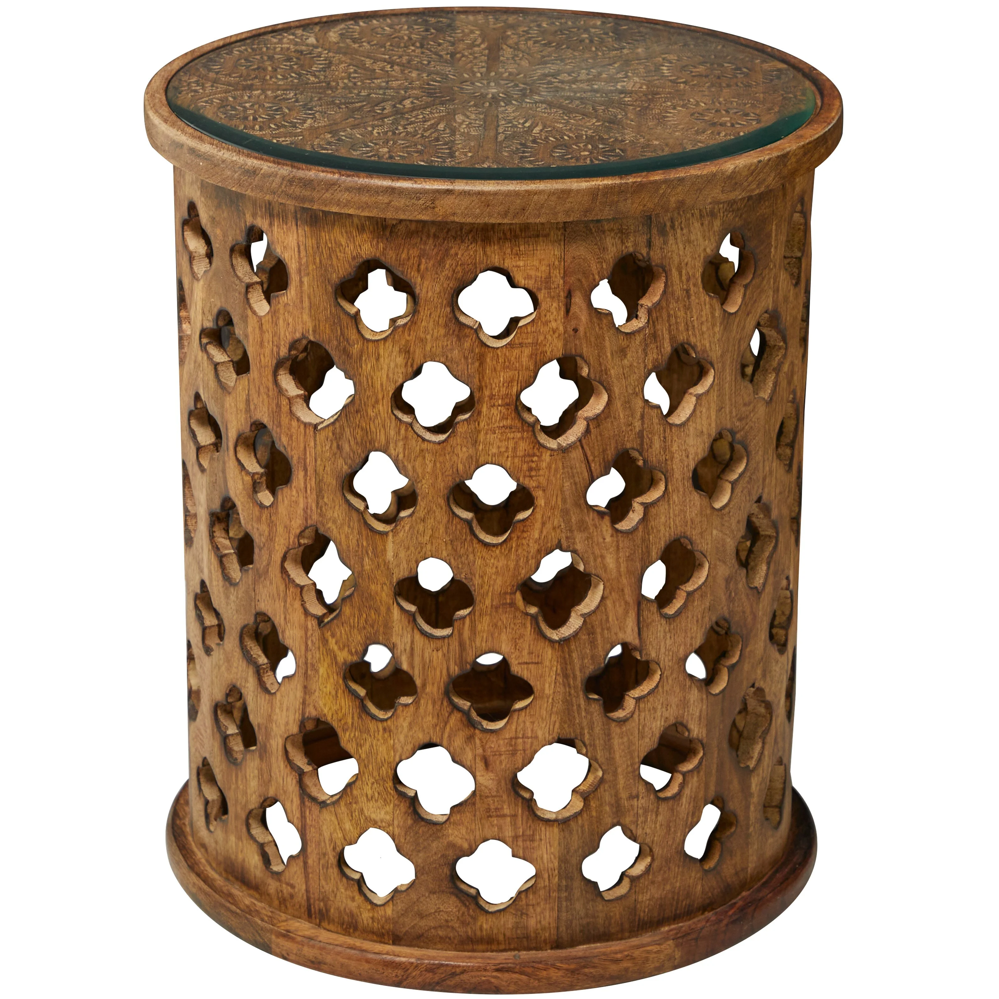 Studio 350 Brown Mango Wood Quatrefoil Design Accent Table with Clear Glass Top 18 x 18 x 22