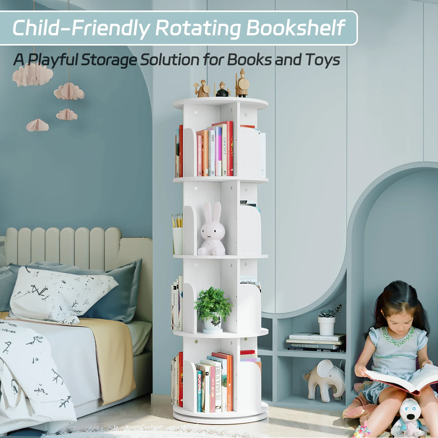 4 Tier Rotating Bookshelf Organizer - Space Saving Vertical Storage Rack with 360° Swivel, Stable Construction - Ideal for Home, Office, Study - White