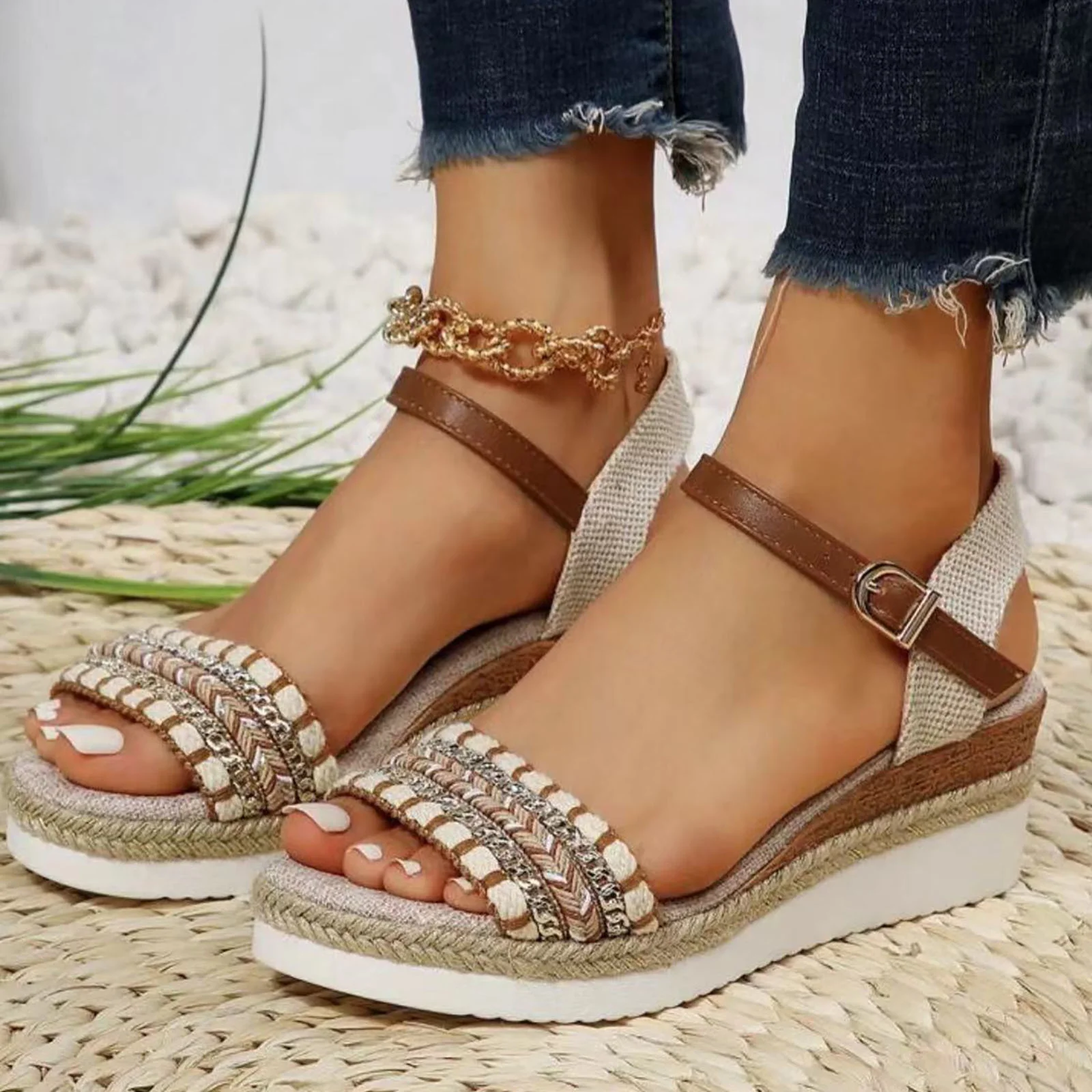LUOGENLI Female Sandals Men Slides Ladies Weave Open Toe Buckle Strap Summer Slope Heel Thick Soled Wedges Roman Sandals Platform Sandals Women Wide Width 11