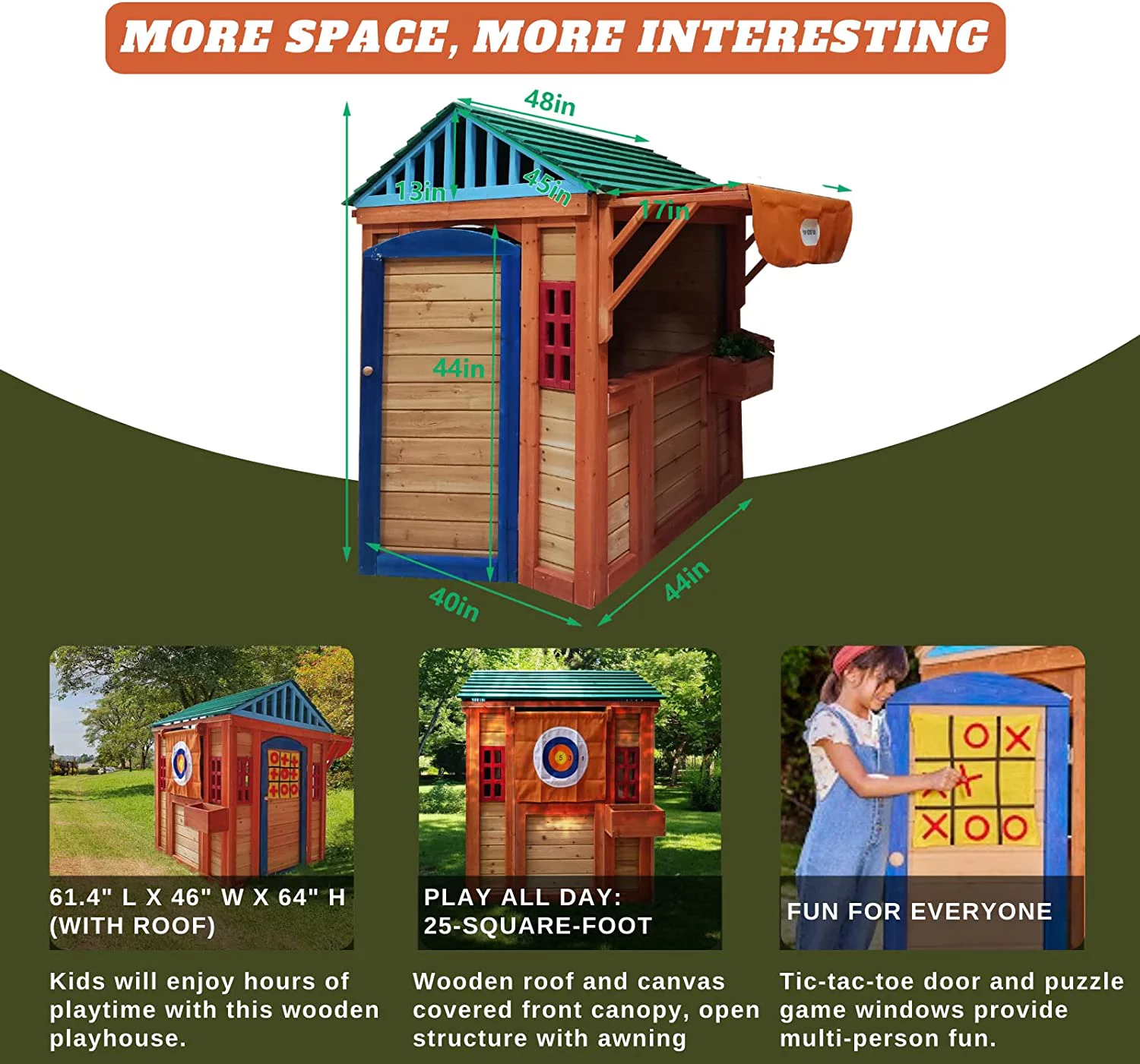 Holaki 4 in 1 Outdoor Playhouse for Age 3-8 Years Boy Girl, Wooden Cottage Playhouse with 4 Game Awning Window, Ball Wall, Dart Throwing & Tetris, Play House for Outdoor Garden, Lawn, Patio, Yard