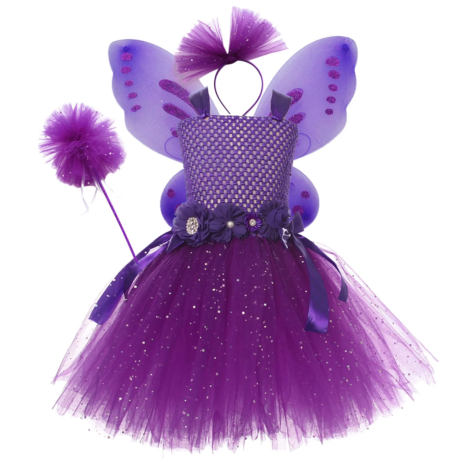 Toddler Custome Girls Princess Dress Back Butterfly Mesh Dress With Wing Fairy Wand Headwear 4pcs Sets Performance
