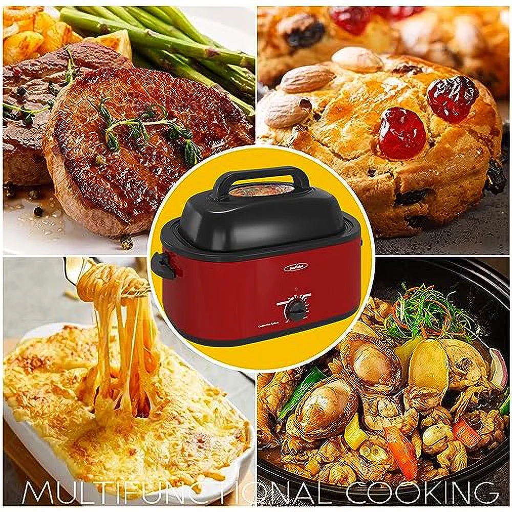 Sunvivi 22 Quart Electric Turkey Roaster Oven with Visible Glass Lid,Removable Pan & Rack, Stainless Steel,Red
