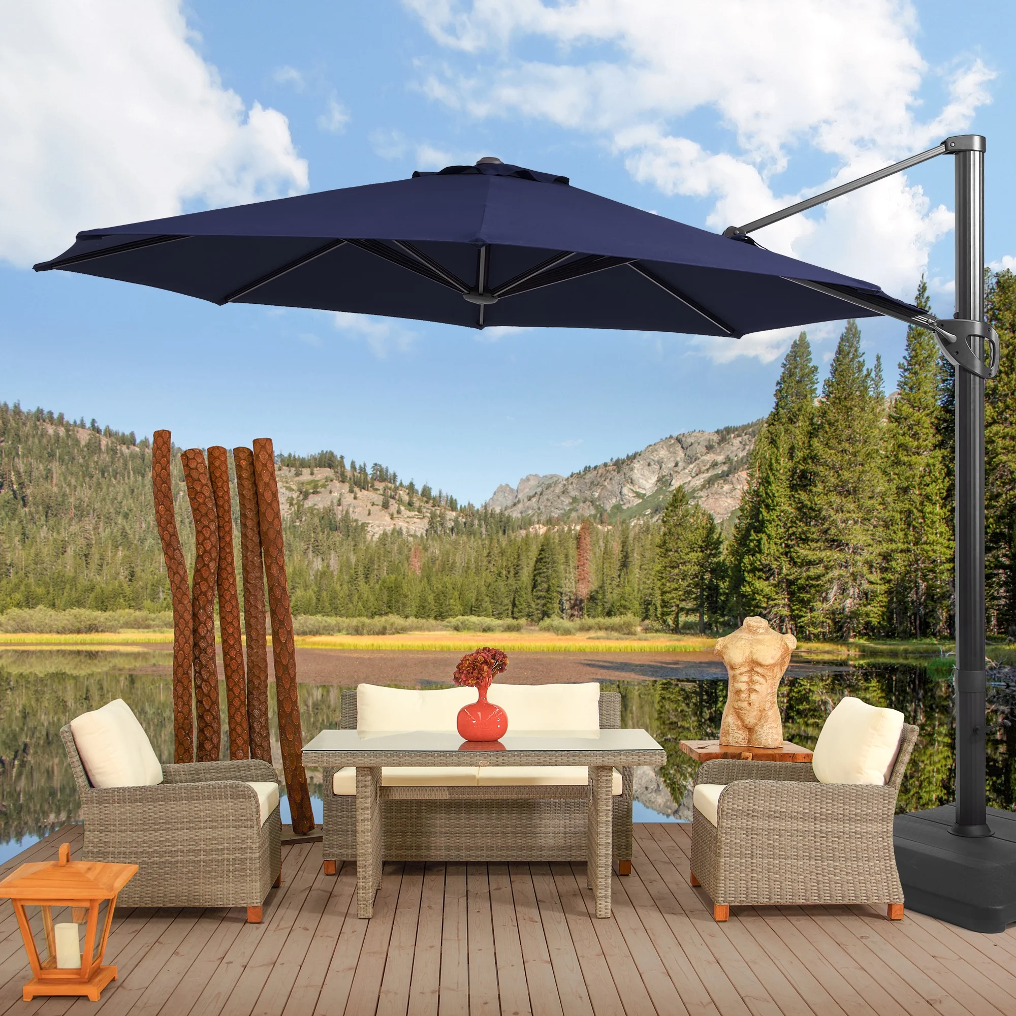 FLAME&SHADE 11ft Outdoor Cantilever Umbrellas 360° Rotation w/Base Stand, Aluminum Patio Round Offset Market Hanging Umbrella for Deck,Navy Blue