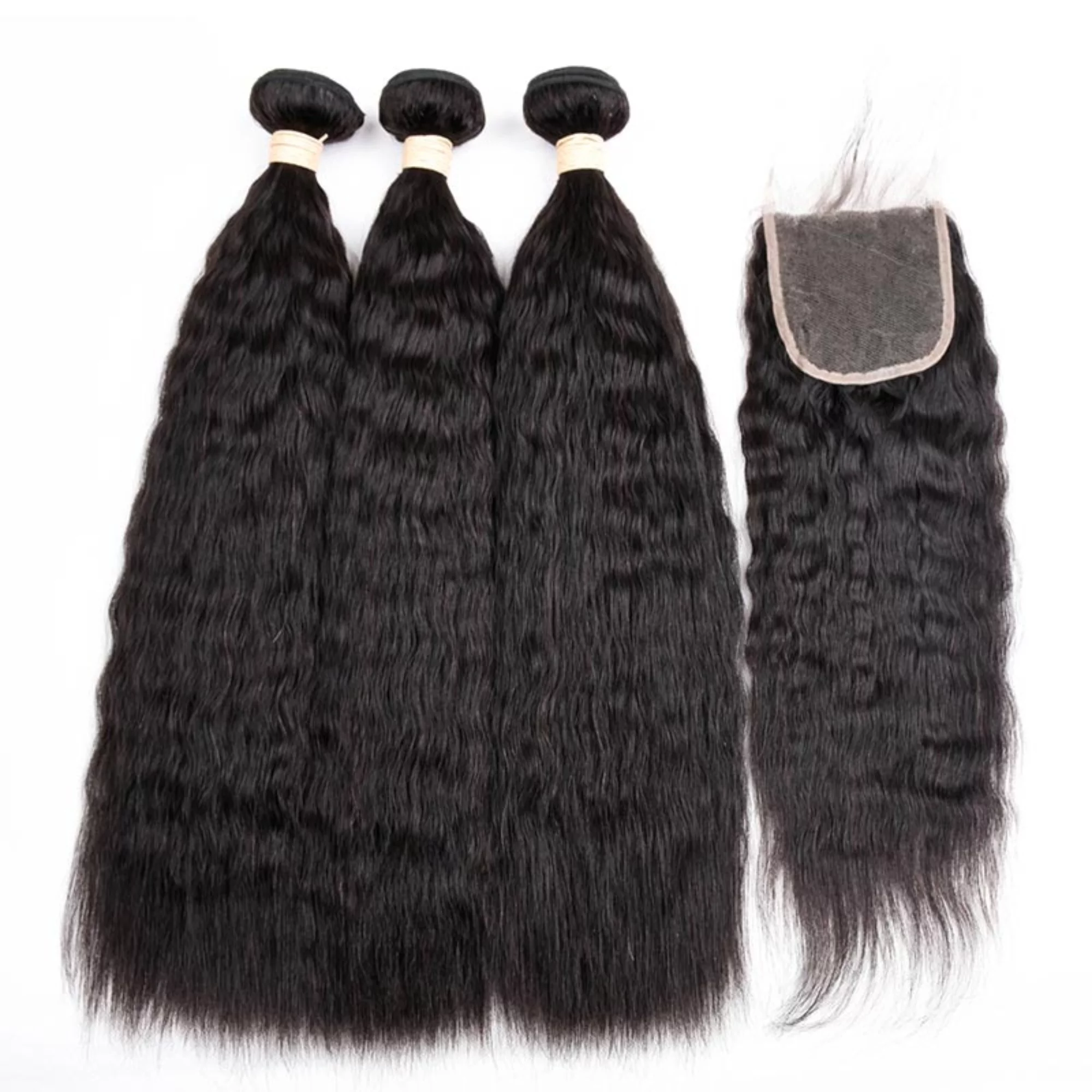 Beauhair 10A Brazillian Kinky Straight Human Hair 3 Bundles With Closure 4×4 Human Hair Extensions with Closure Natural Color 24