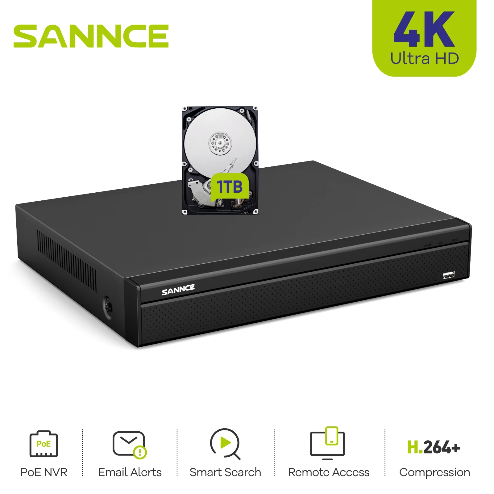 SANNCE PoE NVR 4K 16 Channel, 8MP CCTV Security Camera System Network Video Recorder,Support Human Figure/Model/Face Detection, Audio Output ,H.265+ PoE Surveillance IP Camera, 1TB Hard Drive