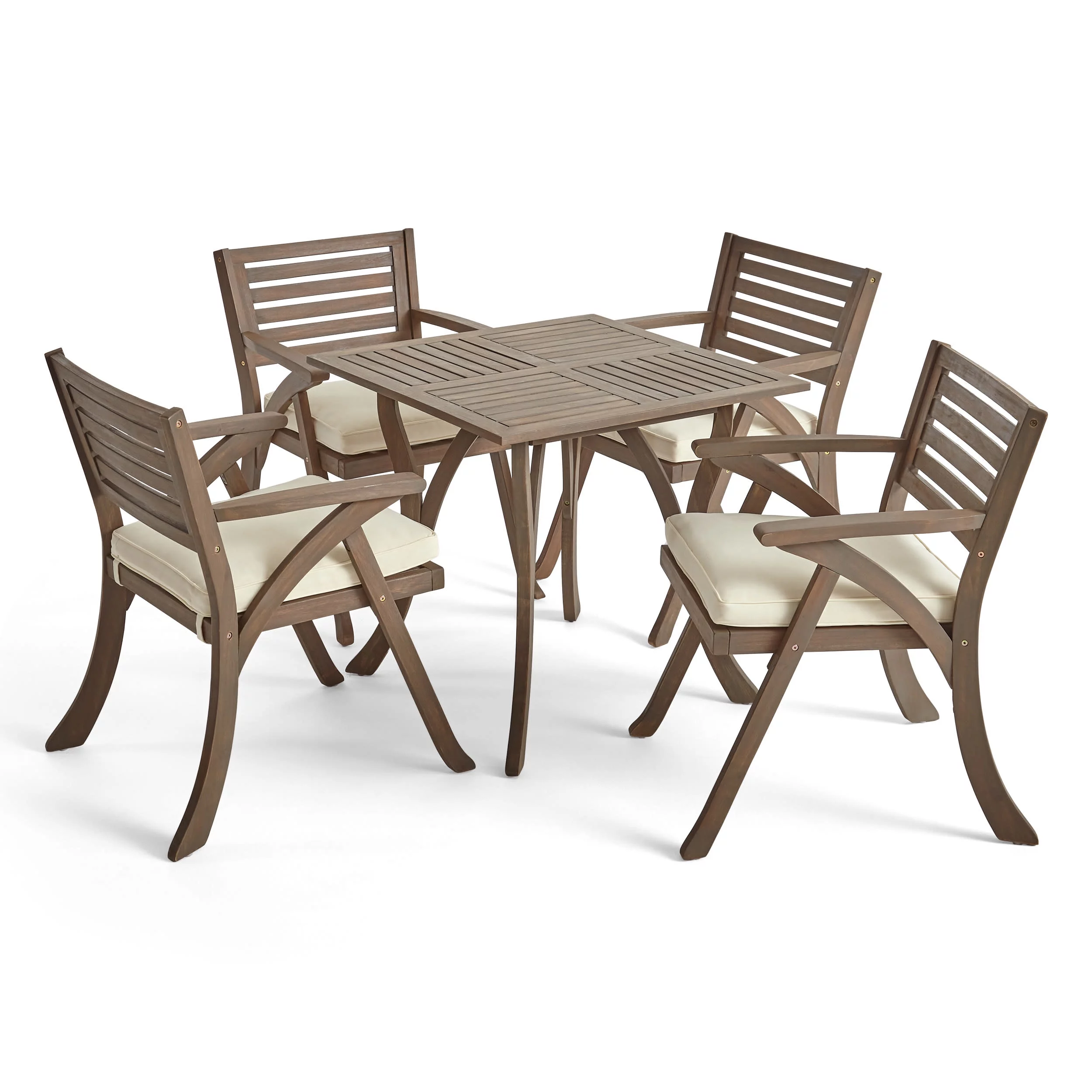 GDF Studio Baia Outdoor Acacia Wood 5 Piece Dining Set with Cushion, Gray and Cream
